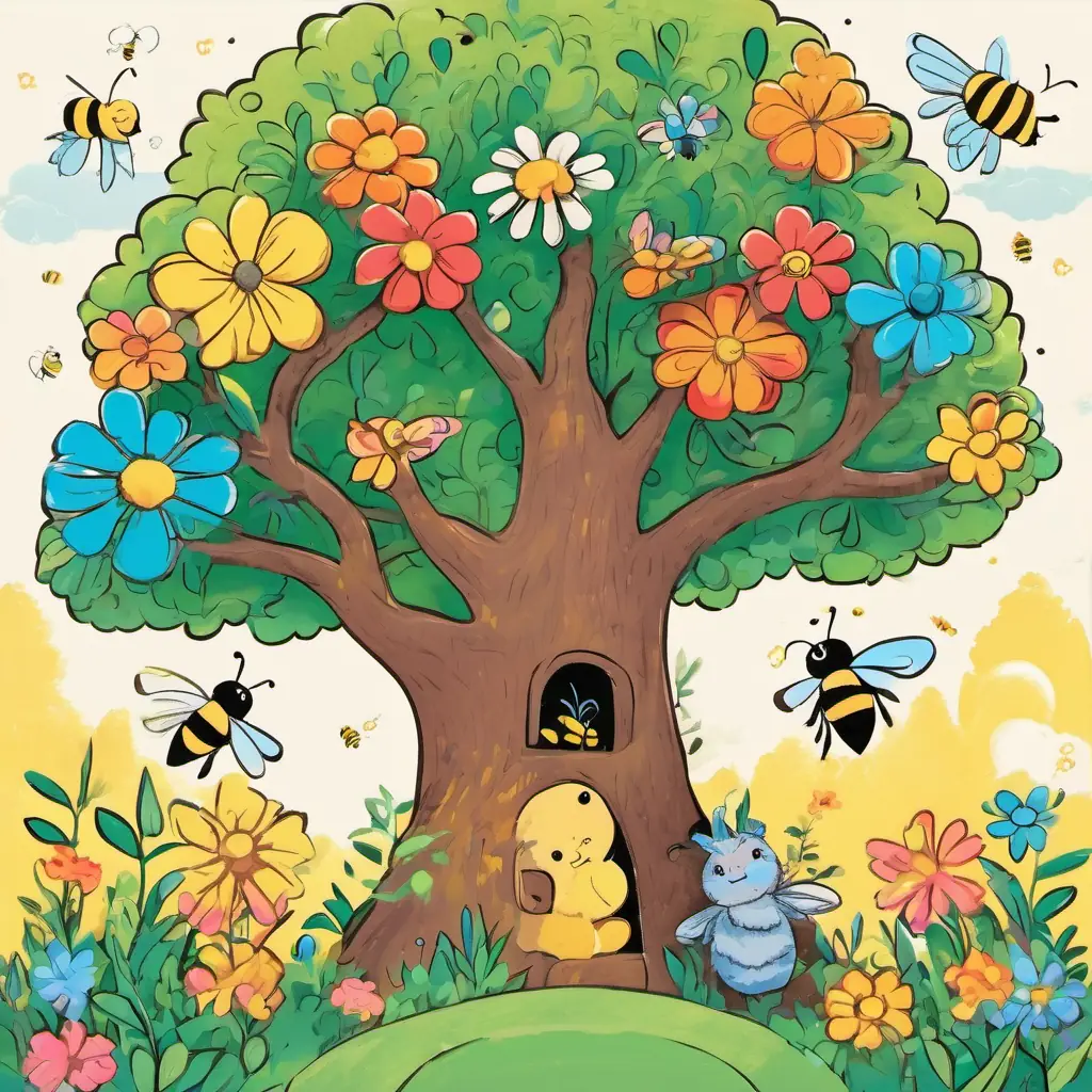The animal friends see a big tree, two colorful flowers, and three buzzing bees.