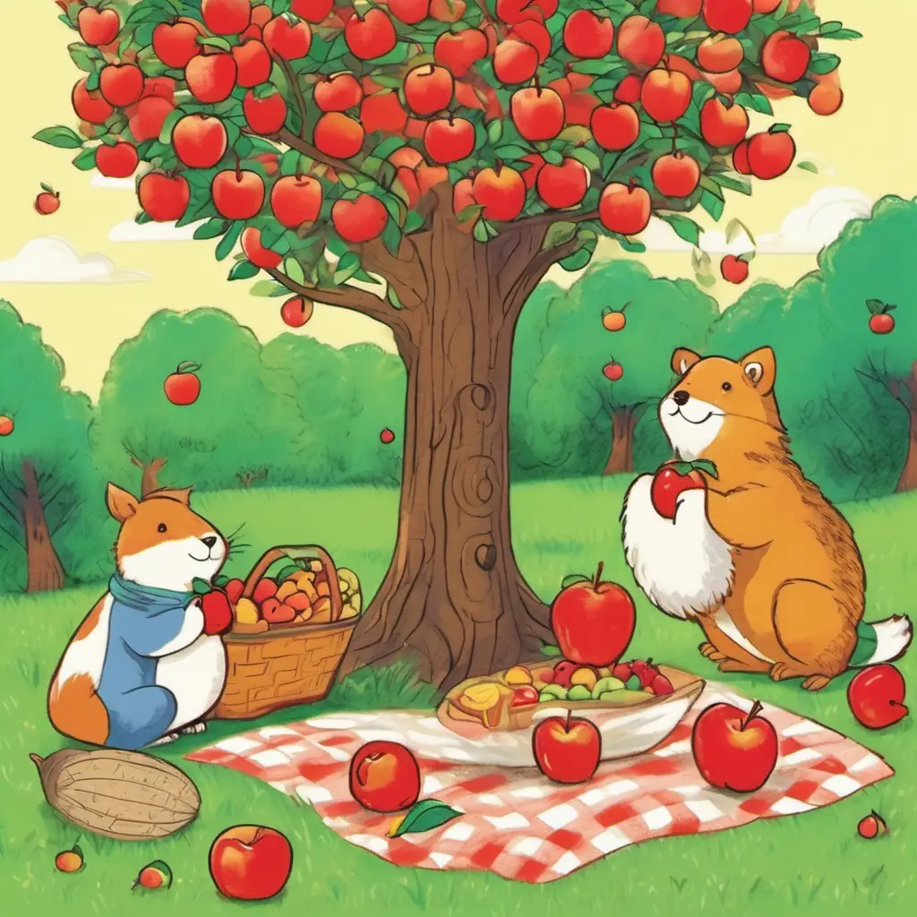 The animal friends find ten juicy apples on a tree and have a picnic.