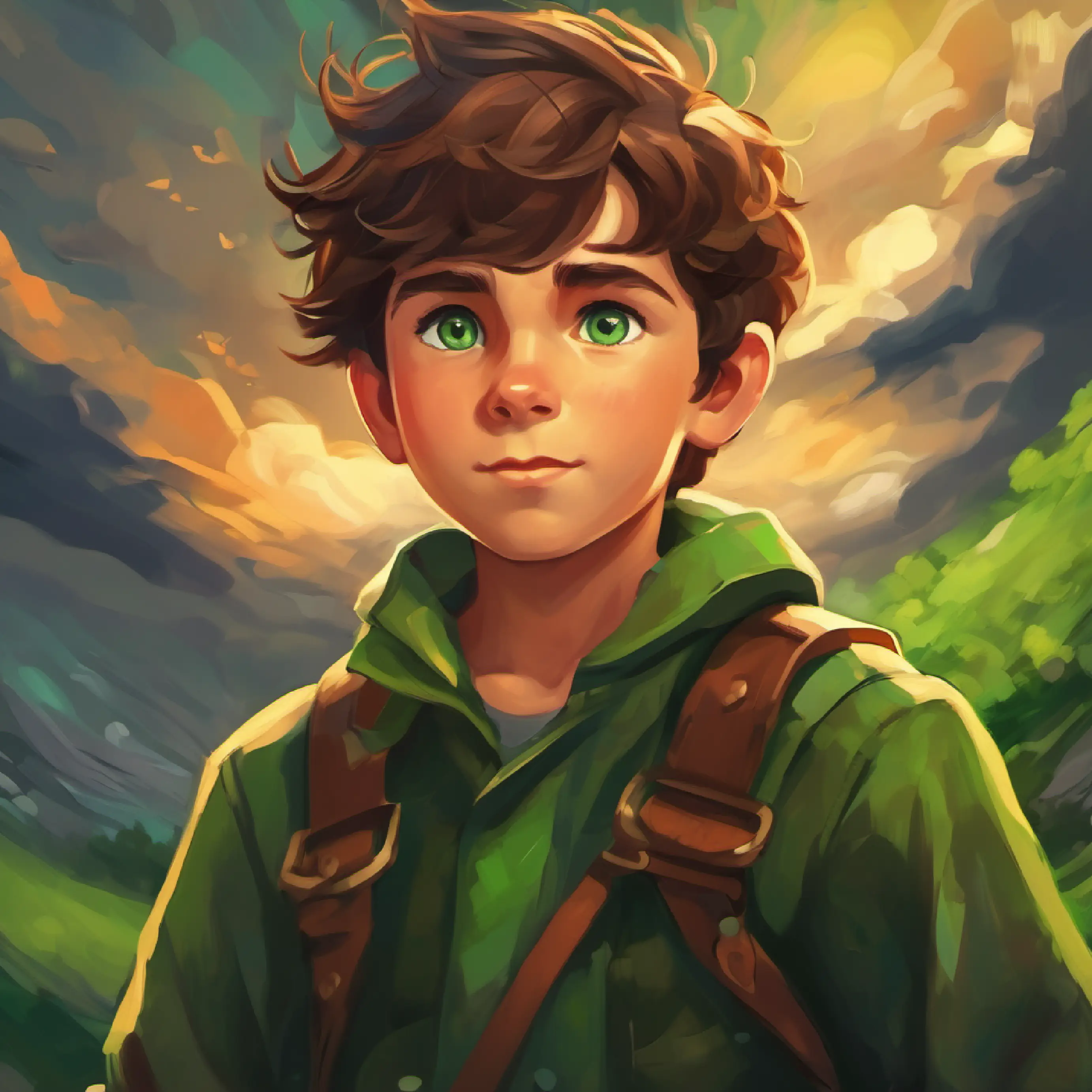 Storm begins, Young, brave boy with brown hair, green eyes, ready for adventure introduced, setting at Young, brave boy with brown hair, green eyes, ready for adventure' home