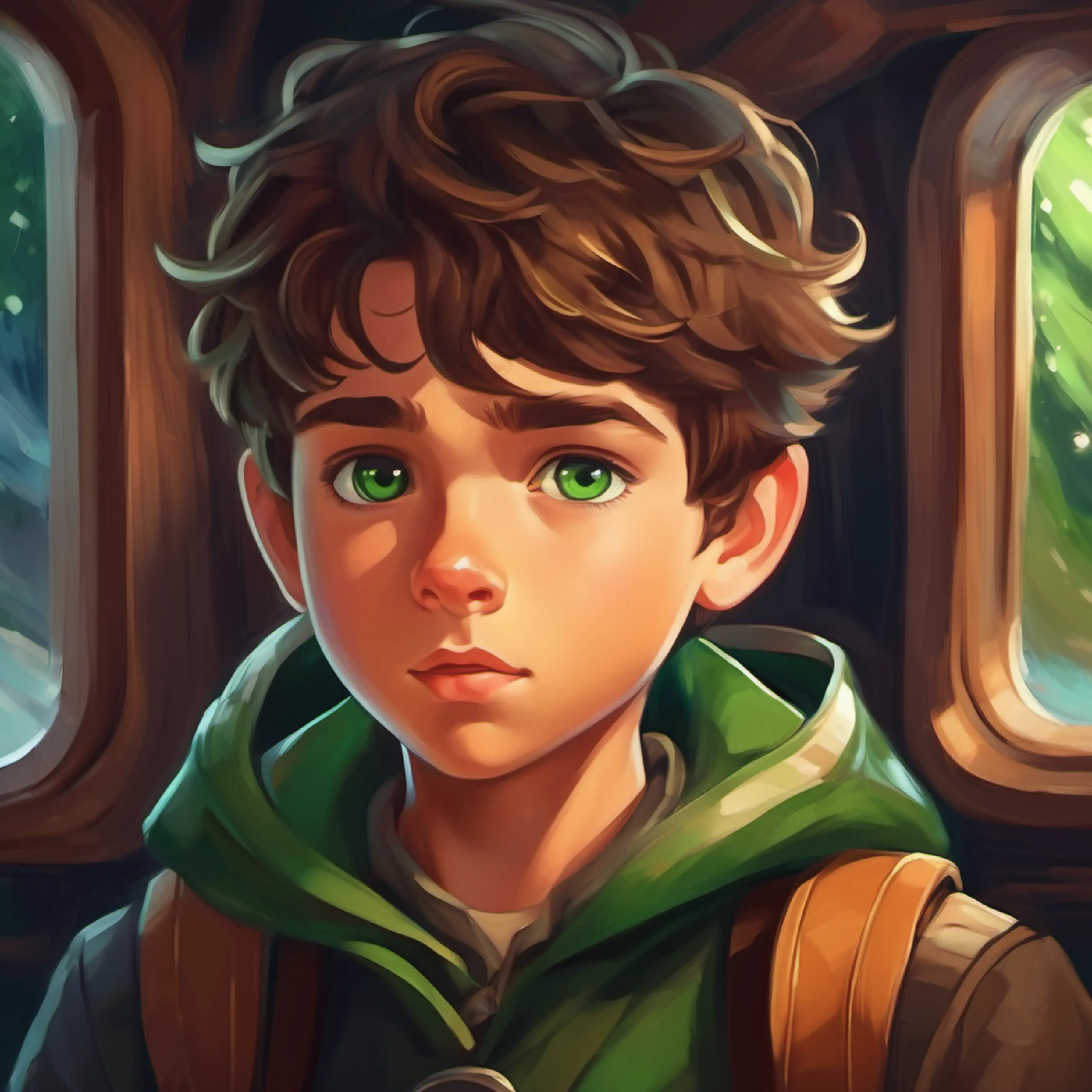 Explains storm visuals, Young, brave boy with brown hair, green eyes, ready for adventure feels a pull towards it