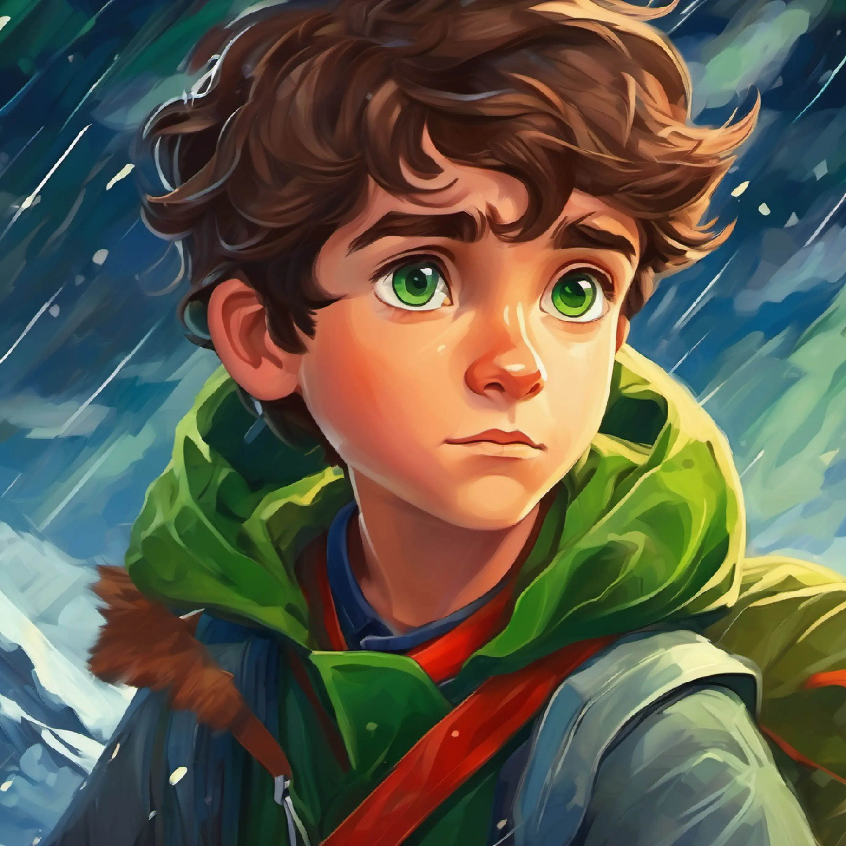 Young, brave boy with brown hair, green eyes, ready for adventure faces the storm, realizes his connection