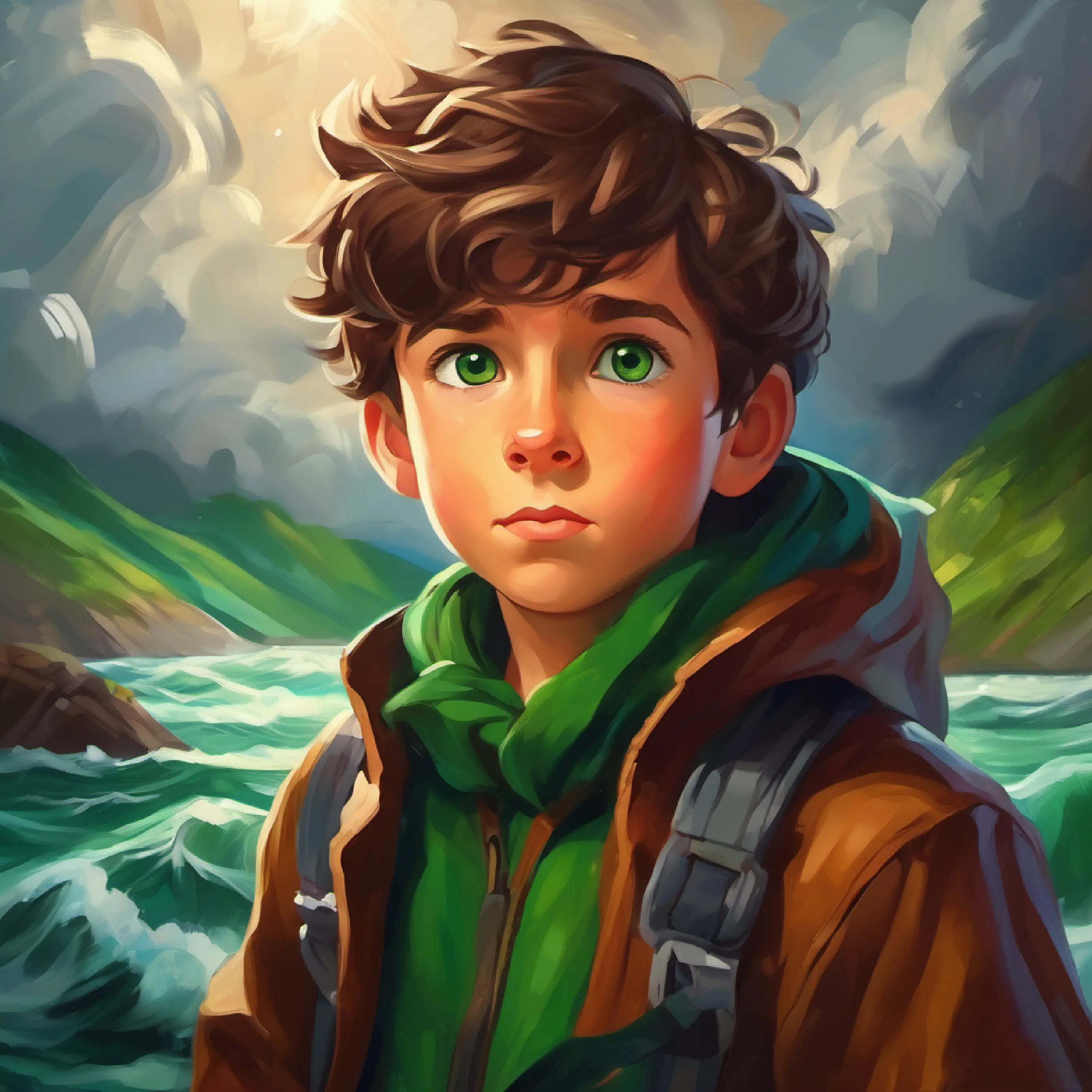 Young, brave boy with brown hair, green eyes, ready for adventure calms himself and the storm, shows his influence