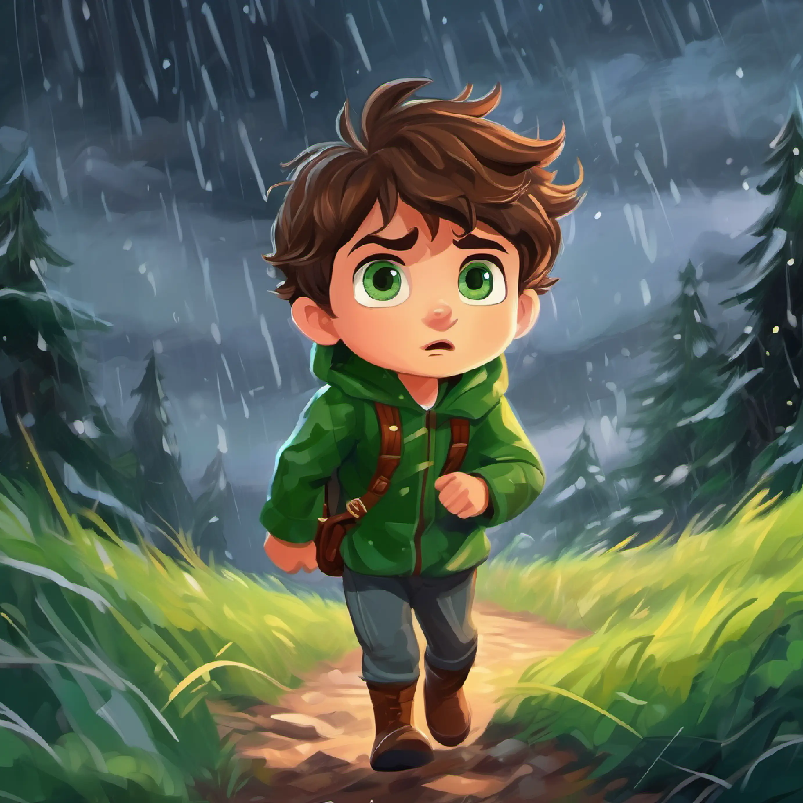 Young, brave boy with brown hair, green eyes, ready for adventure goes outside, stands fearlessly in the storm