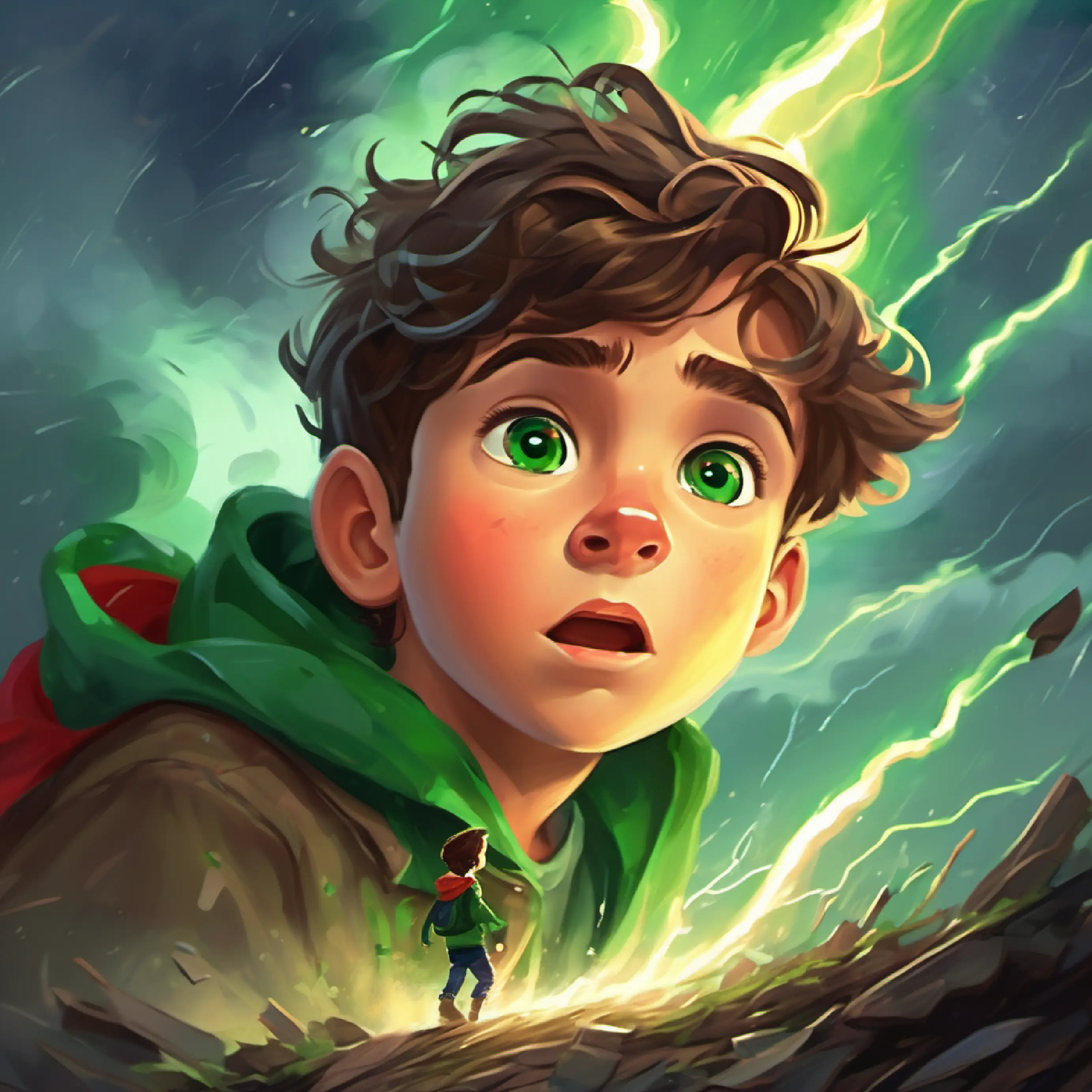 Young, brave boy with brown hair, green eyes, ready for adventure is lifted by the tornado, amidst lightning