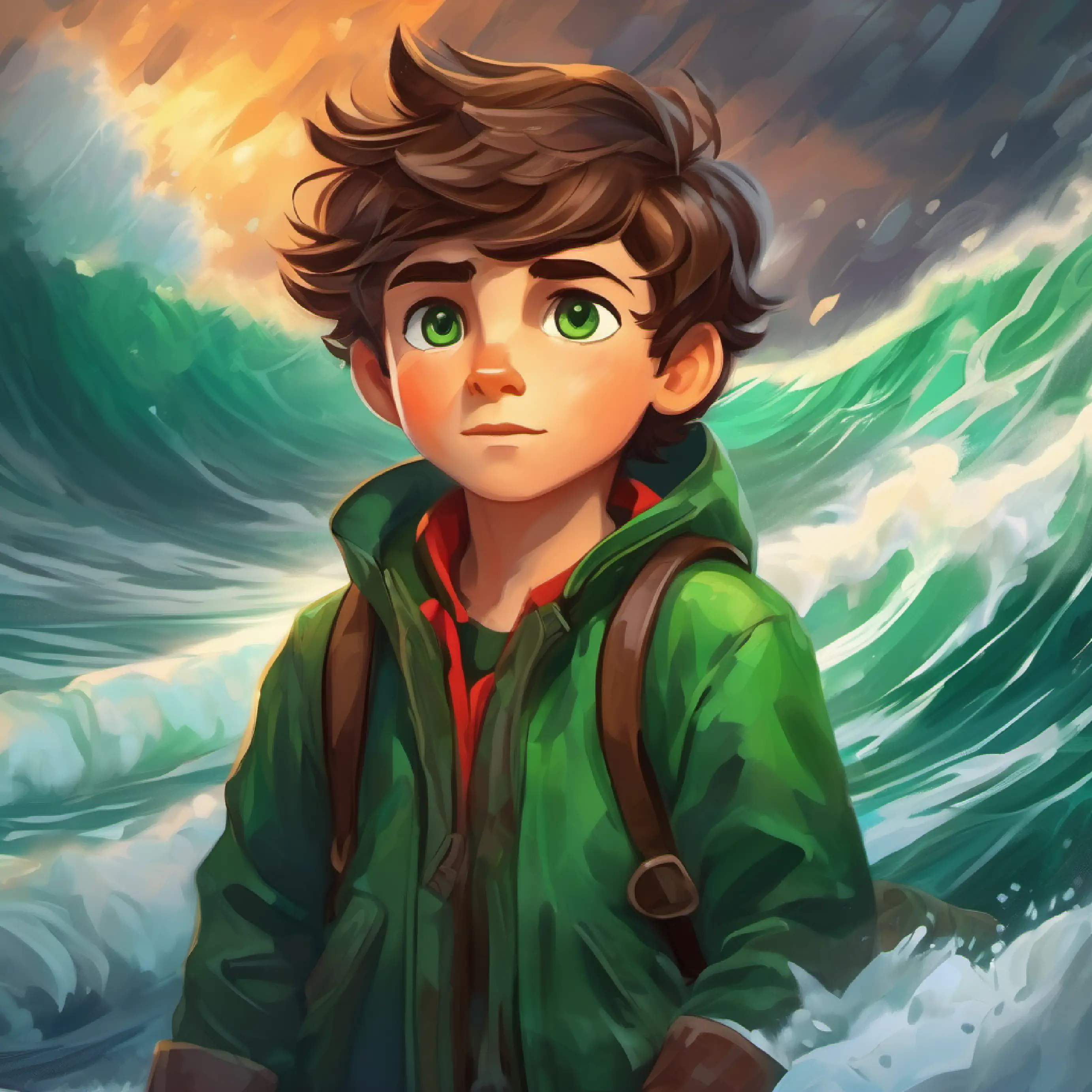 Young, brave boy with brown hair, green eyes, ready for adventure experiences the storm's elements, mixed emotions