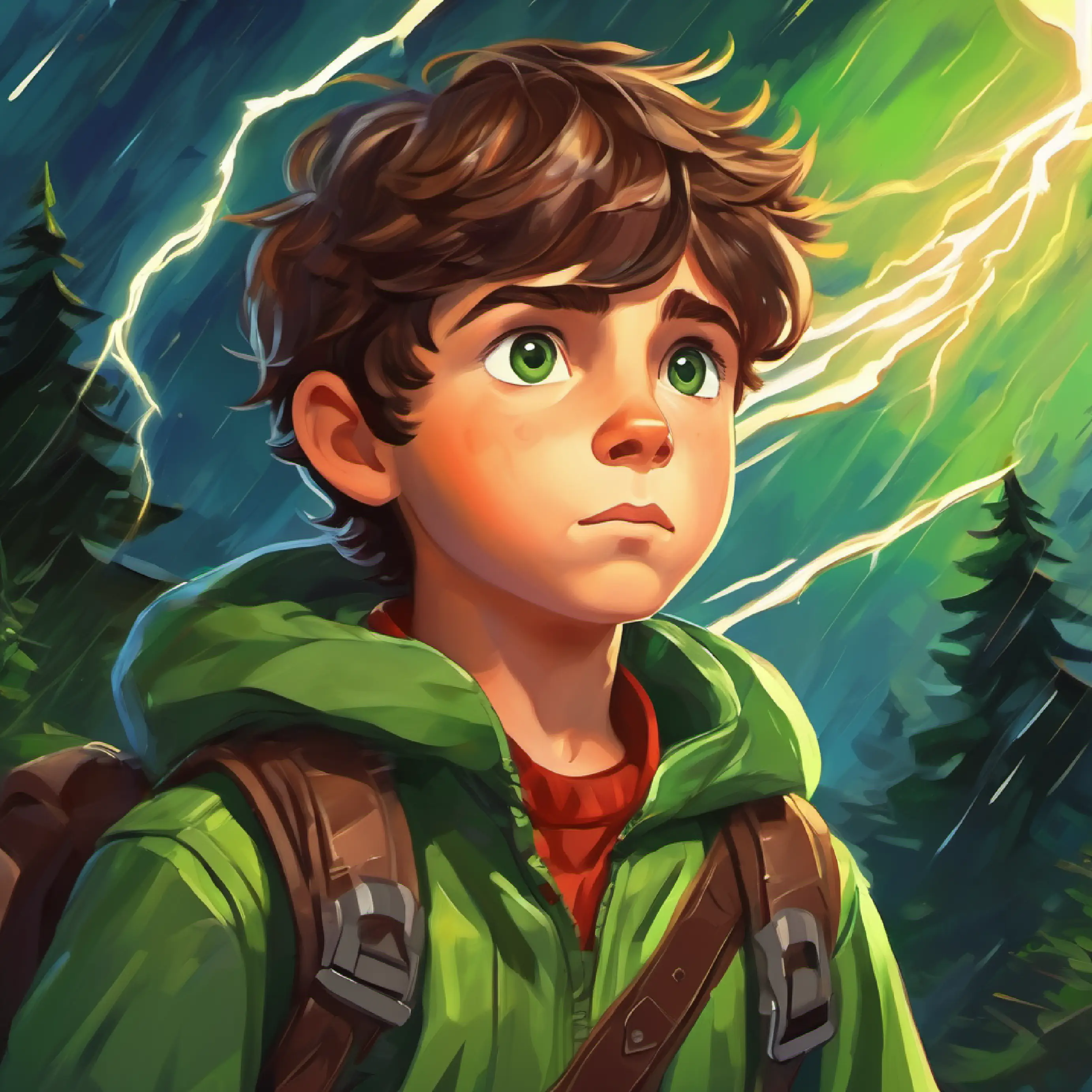 Young, brave boy with brown hair, green eyes, ready for adventure hears the thunder, feels its overwhelming power