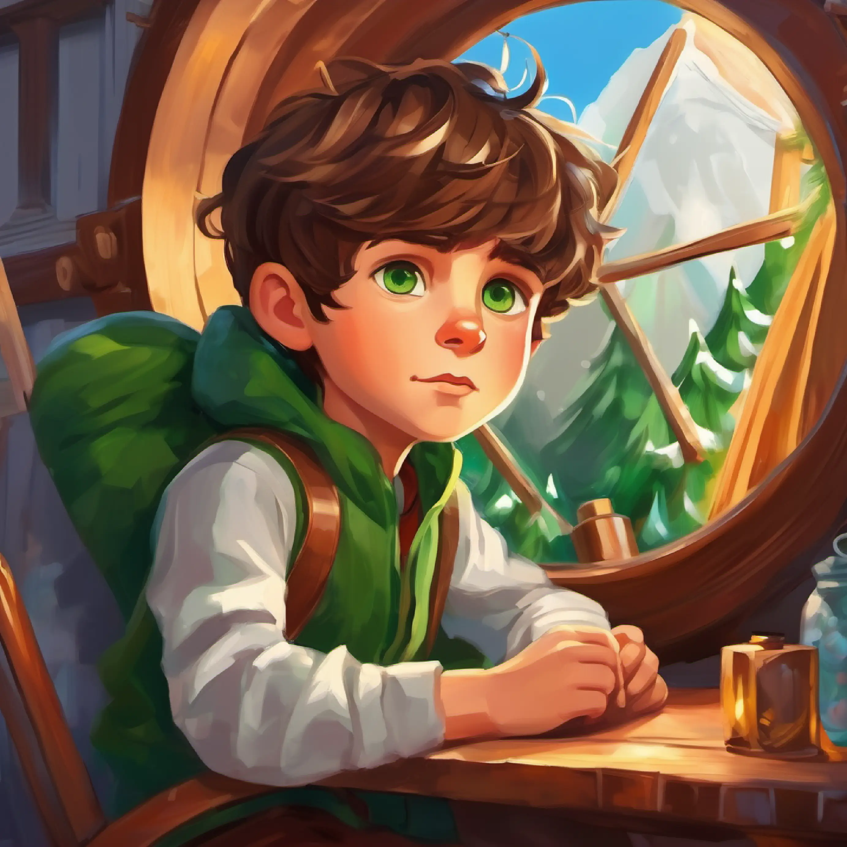 Young, brave boy with brown hair, green eyes, ready for adventure' feelings mirror the storm's intensity