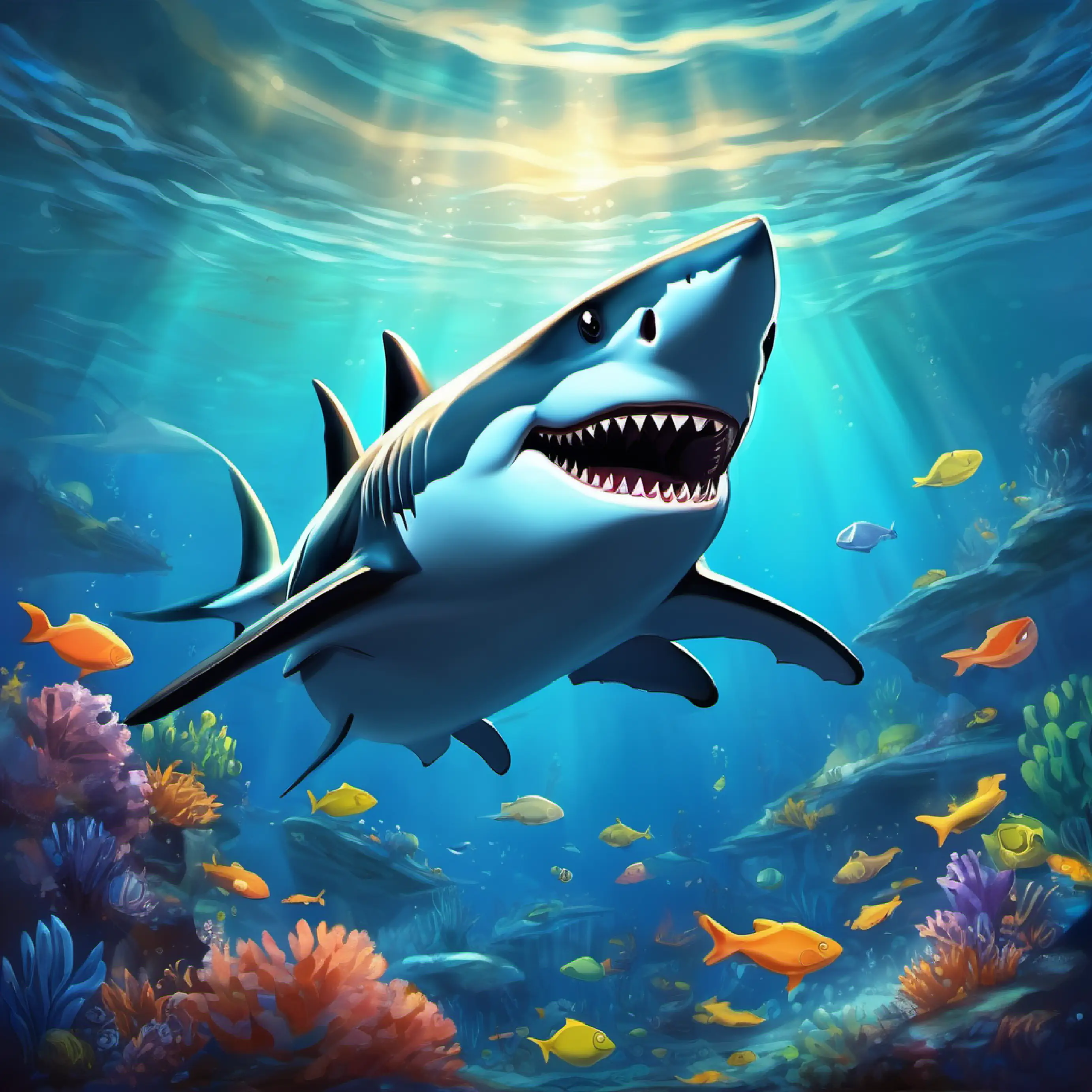 Underwater world, introducing Big, friendly shark with a shiny smile Blue-gray skin, bright twinkling eyes, tooth-brushing superhero. Nighttime setting.