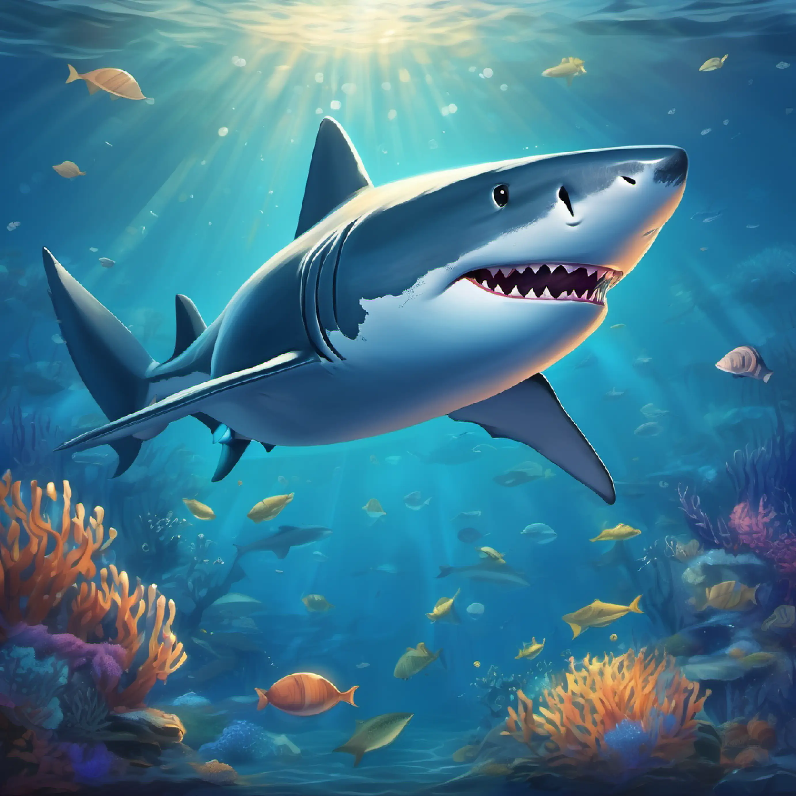 Big, friendly shark with a shiny smile Blue-gray skin, bright twinkling eyes's mission, underwater night setting, sea creatures introduction.