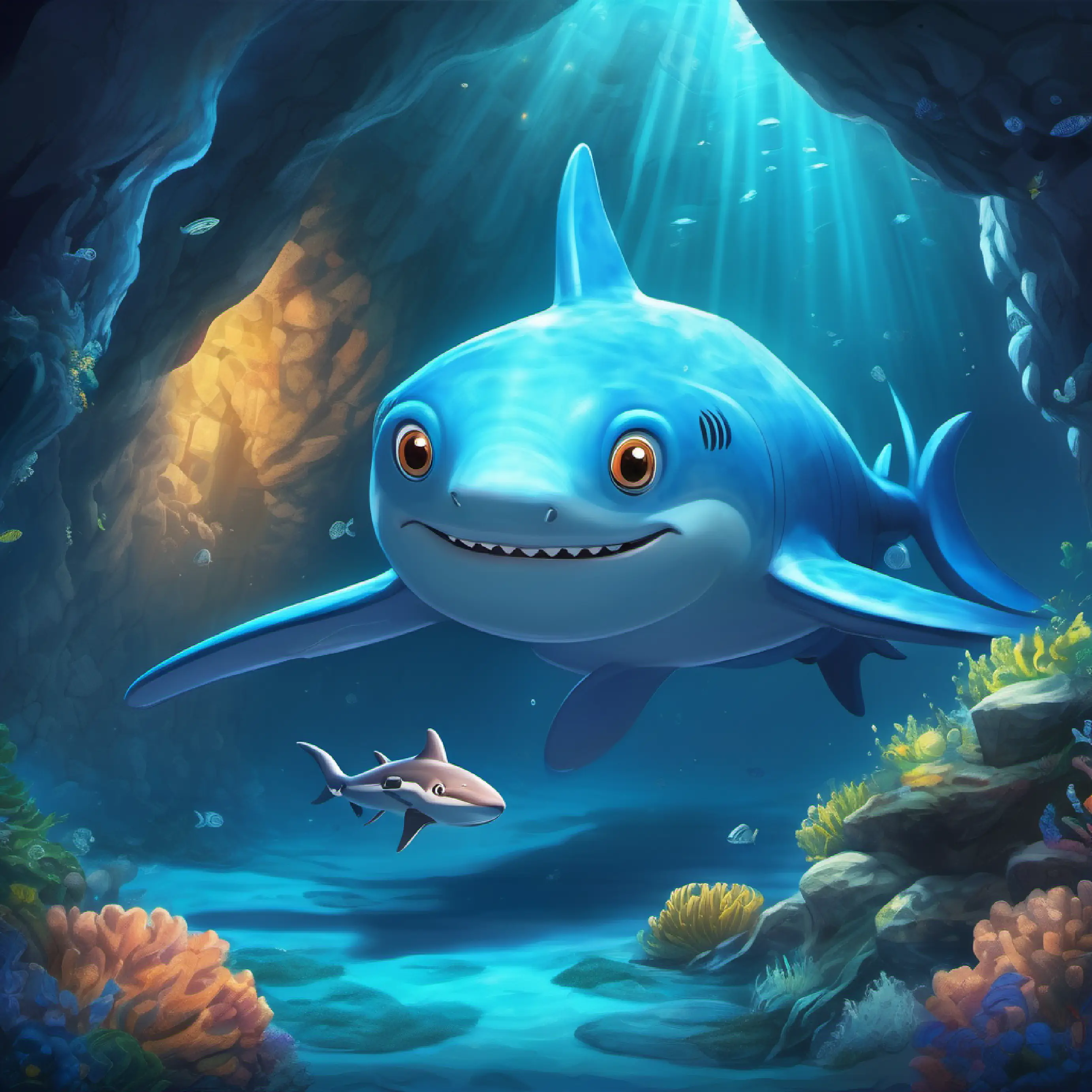 Deep-sea cave appearance, introduction of giant octopus, Big, friendly shark with a shiny smile Blue-gray skin, bright twinkling eyes's brave act.