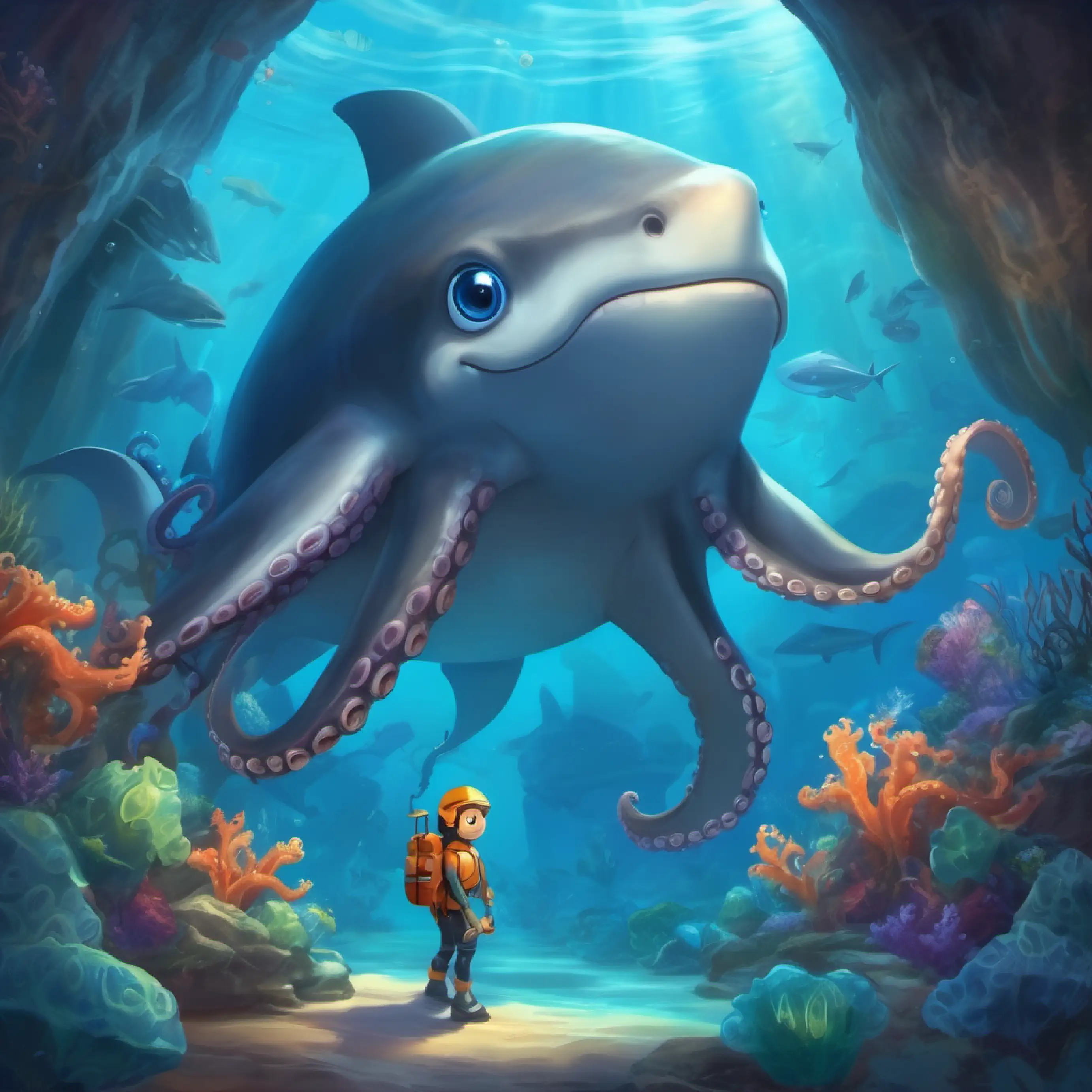 Octopus encounter, Big, friendly shark with a shiny smile Blue-gray skin, bright twinkling eyes's heroic act, deep-sea cave transformation.