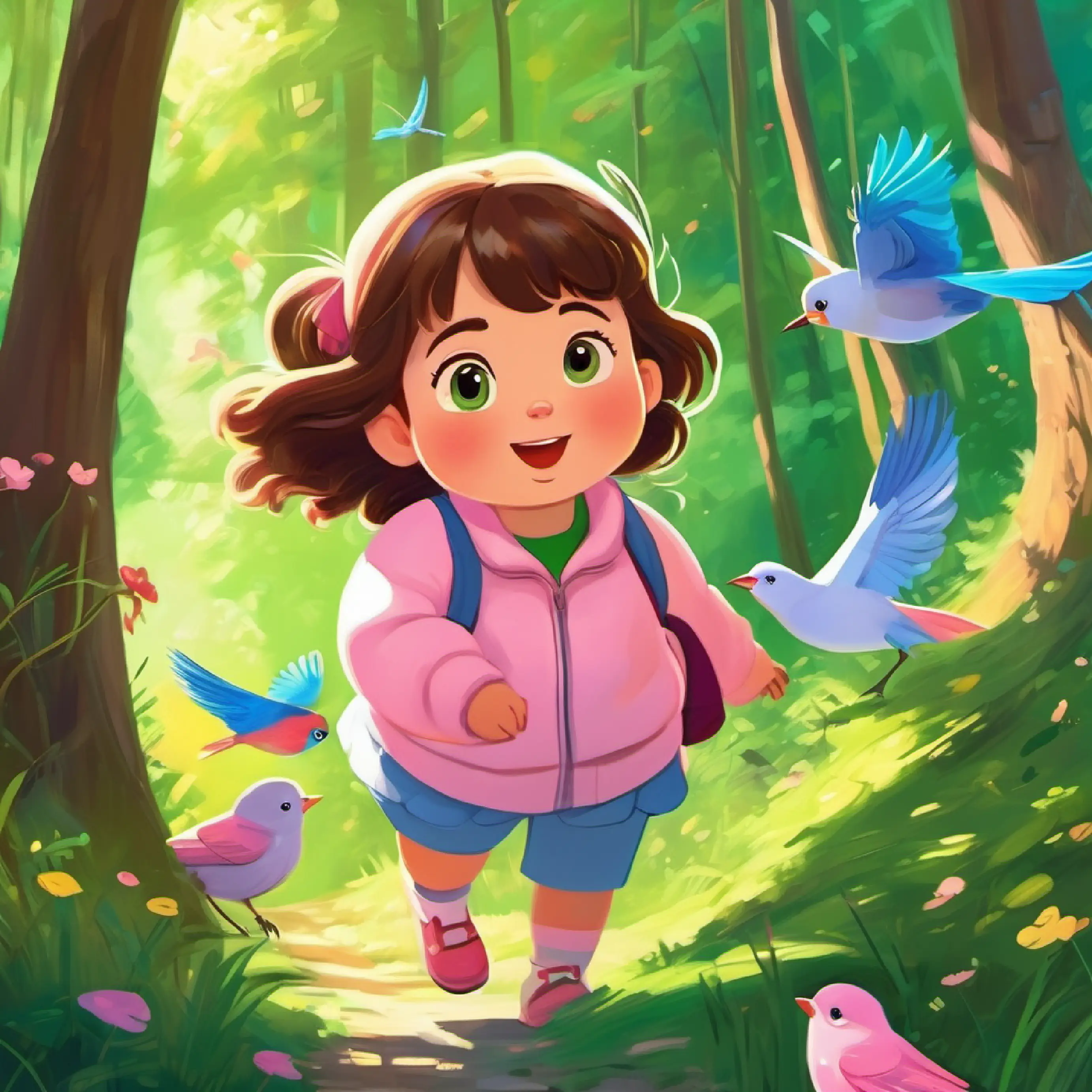 Chubby girl, brown hair, green eyes, wearing pink and blue enters forest, sunny day, birds chirping.