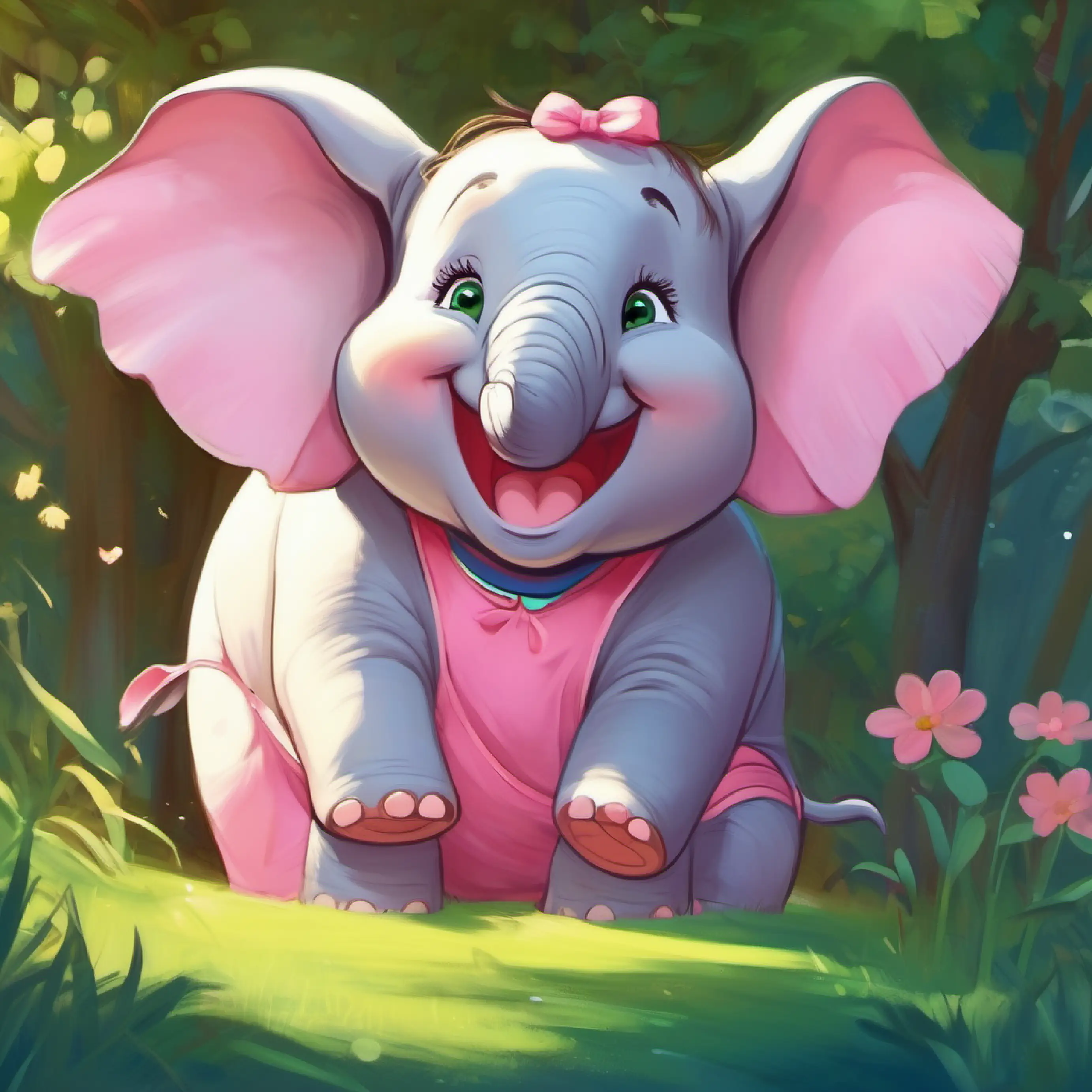 Chubby girl, brown hair, green eyes, wearing pink and blue laughing, elephant communicates.