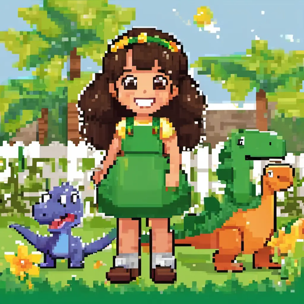 Lily - curly brown hair, bright green eyes, always smiling, Adrijana - straight black hair, sparkly brown eyes, full of giggles, and Daisy the dinosaur - small and green with big brown eyes, playful and friendly the dinosaur laughing and playing in a backyard.