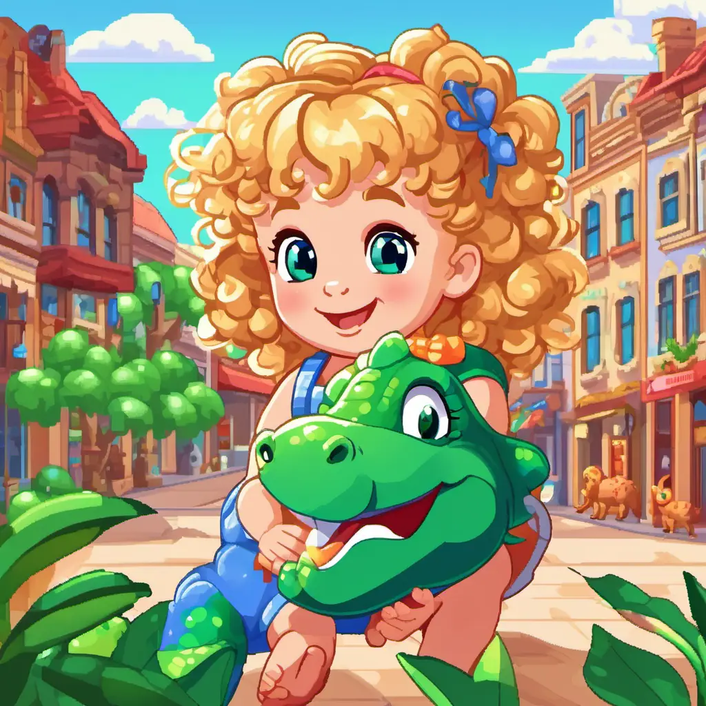 Lily - brown hair, bright green eyes, always smiling and Adrijana - 2 years old, blond curly hair, sparkly blue eyes, full of giggles pointing at a baby dinosaur in a sunny Texas town.