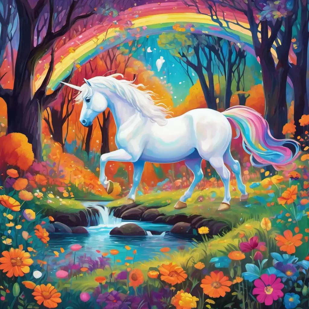 Vibrant-colored rainbow with an arched shape and Shimmering white unicorn with a golden horn set off on their adventure, crossing a bubbling stream and walking through a magical forest filled with colorful flowers and talking animals.