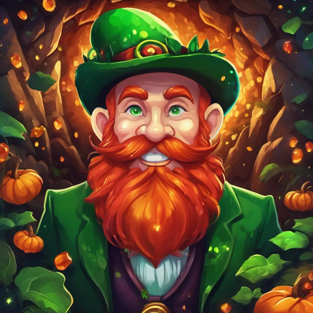 Mischievous leprechaun with a green hat and red beard the leprechaun has a green hat, a red beard, and mischievous twinkling eyes. The cave is dark and filled with glittering crystals.