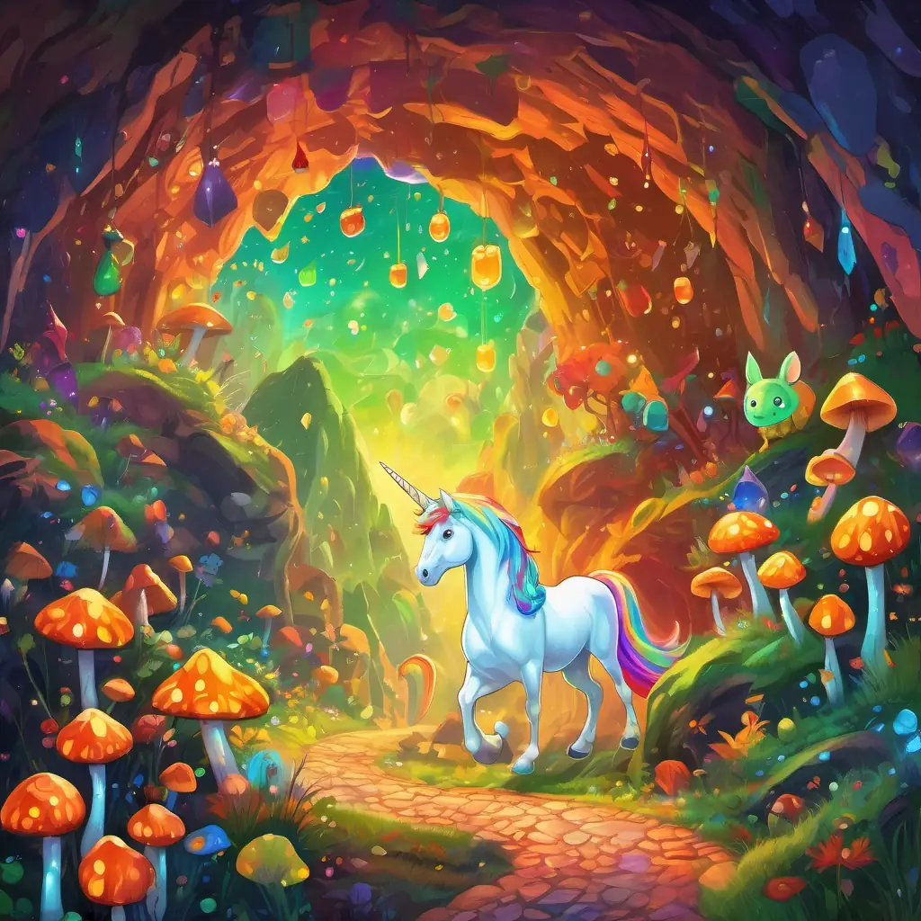 Vibrant-colored rainbow with an arched shape, Shimmering white unicorn with a golden horn, and Mischievous leprechaun with a green hat and red beard bravely navigate through the dimly lit cave, encountering glowing mushrooms and sparkling gemstones along the way.