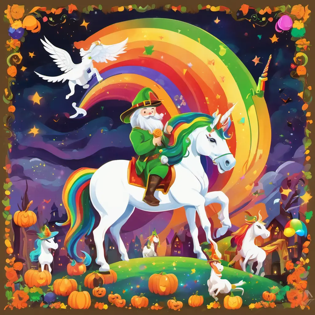 Vibrant-colored rainbow with an arched shape, Shimmering white unicorn with a golden horn, and Mischievous leprechaun with a green hat and red beard close their eyes, surrounded by a magical glow, making their heartfelt wishes.