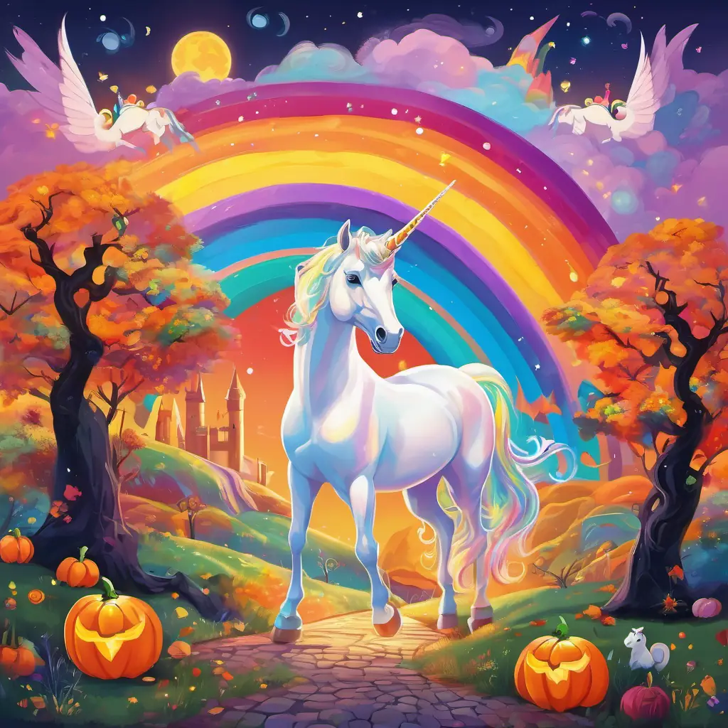 Vibrant-colored rainbow with an arched shape and Shimmering white unicorn with a golden horn travel through different landscapes, their noble hearts shining bright as they spread love and happiness with their magical abilities.