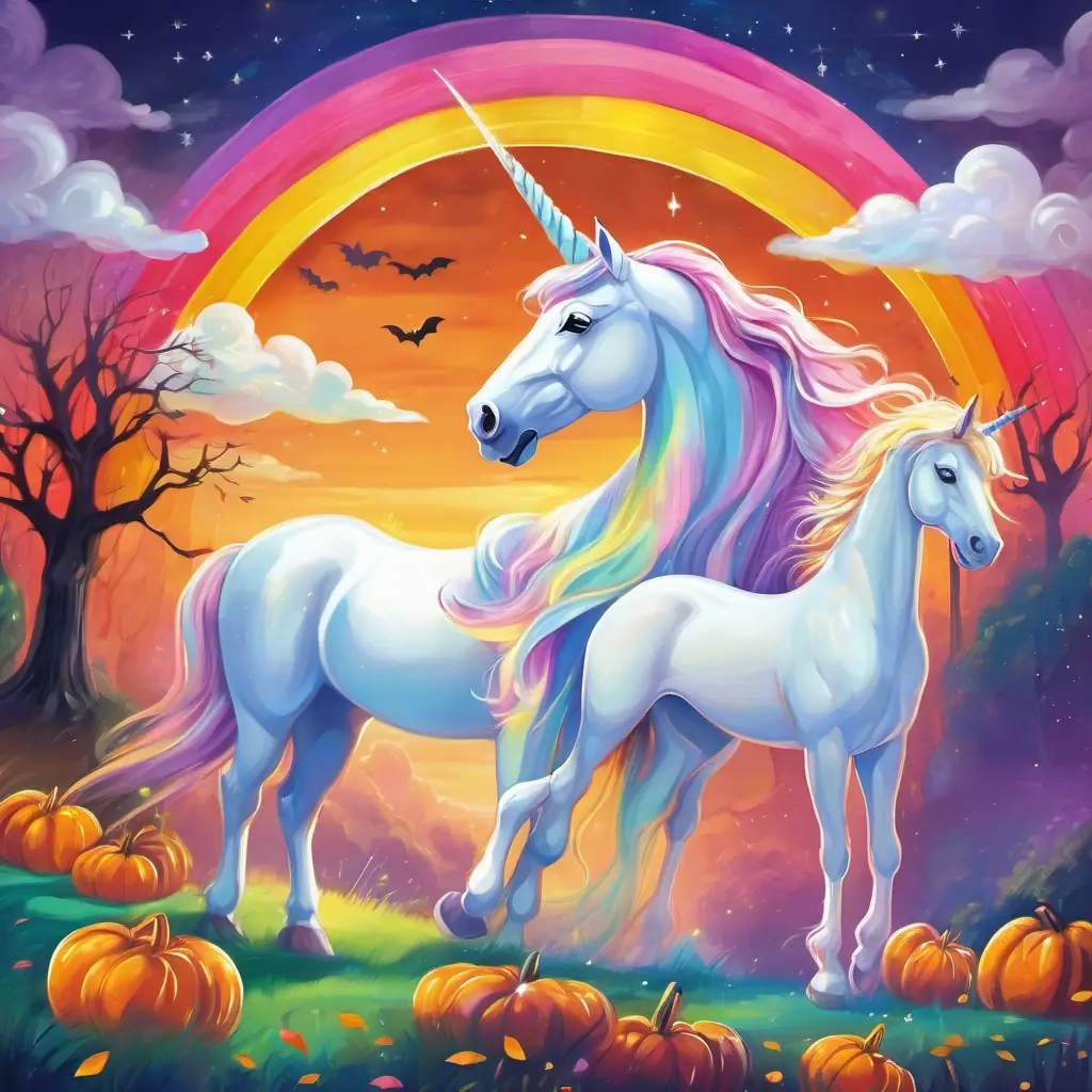 Vibrant-colored rainbow with an arched shape and Shimmering white unicorn with a golden horn stand together, their colors and glow capturing the beauty of friendship and magic.