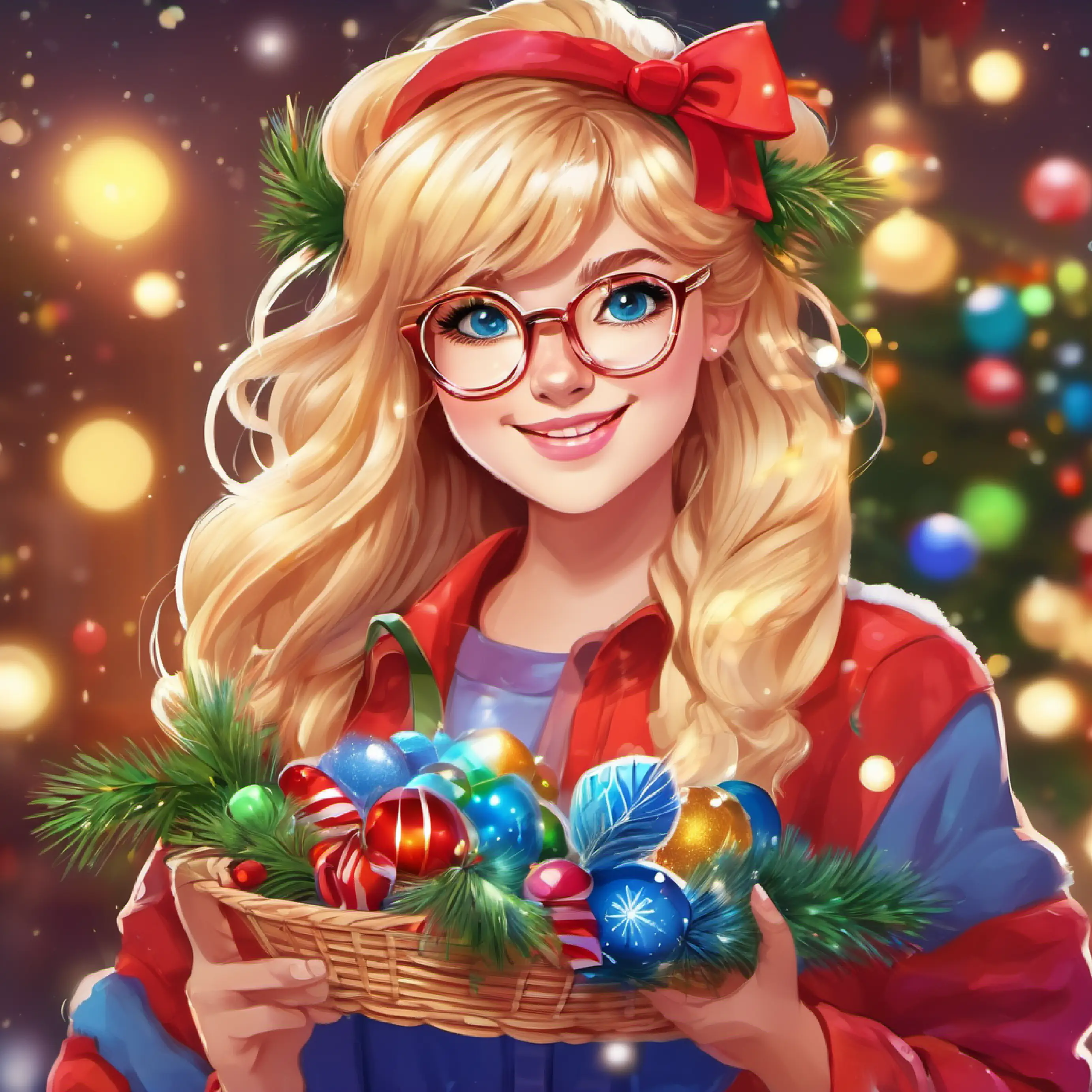 Creative designer, colorful attire, glasses shine with creativity's sparkly creation, inspired by Cheerful girl, blonde hair, blue eyes, loves sparkles, basket of headbands