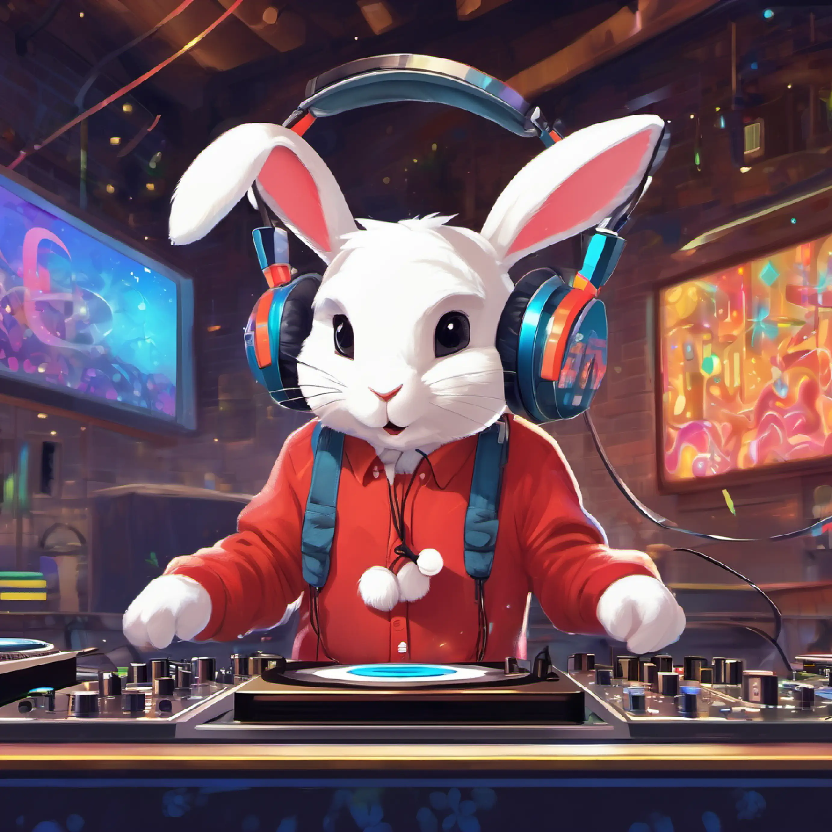 Decision to ask for help, visit Cool DJ Bunny, big headphones, musical notes on shirt, local DJ character