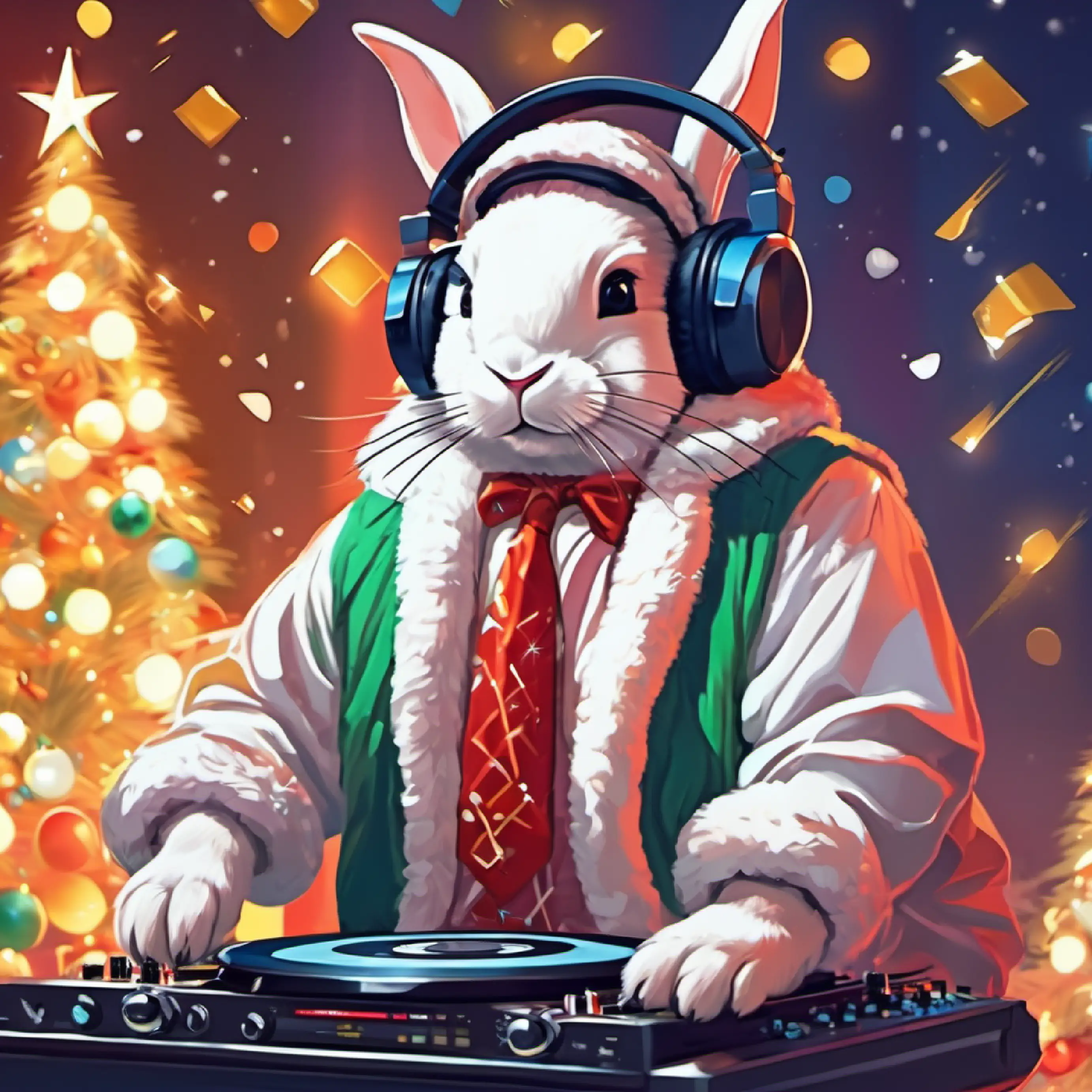 Cool DJ Bunny, big headphones, musical notes on shirt hasn't seen headband, plays music, uplifting moment