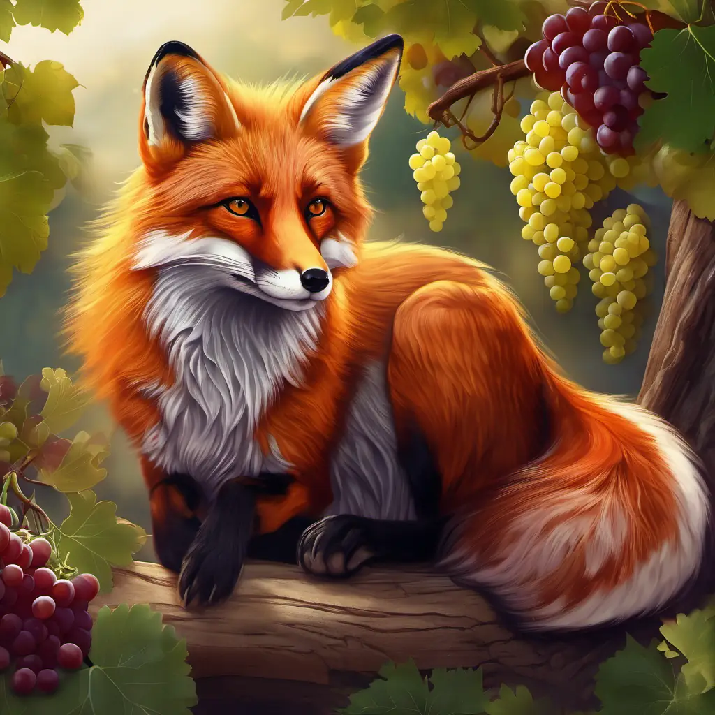 Sly red fox with bright, amber eyes's internal thoughts and desire for the grapes.