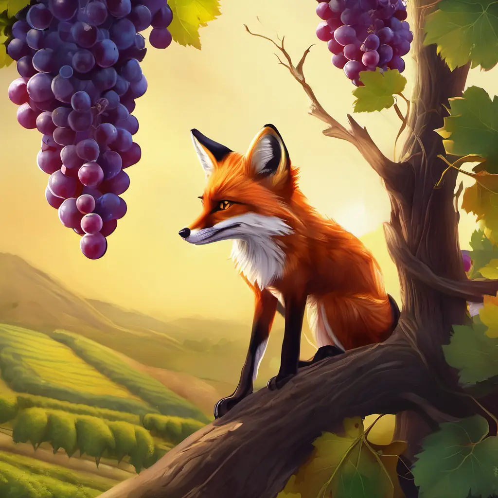 Sly red fox with bright, amber eyes's first attempt to reach the grapes and failure.