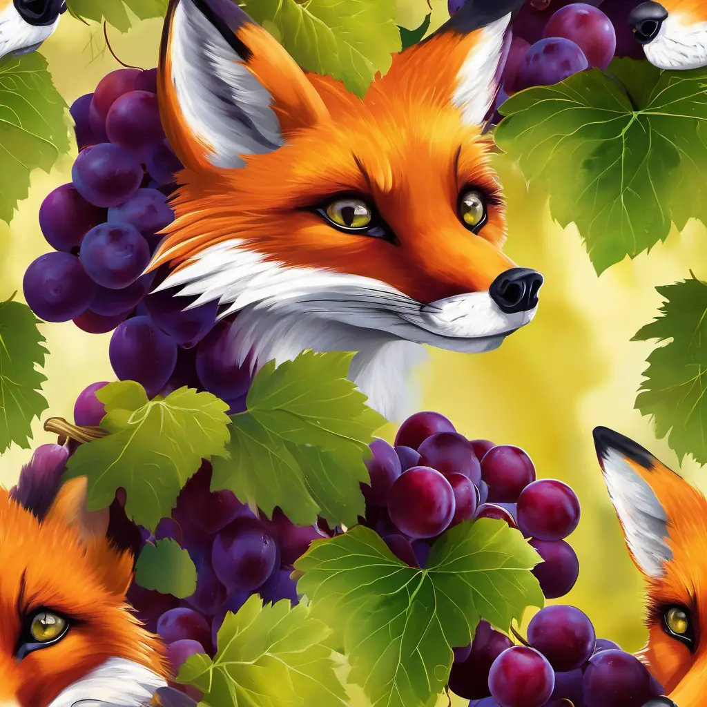 Sly red fox with bright, amber eyes's repeated attempts and continued failure to reach the grapes.