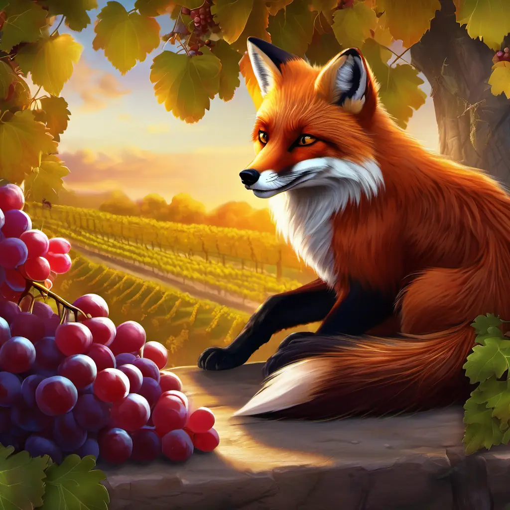 Sly red fox with bright, amber eyes's conclusion and dismissal of the grapes.
