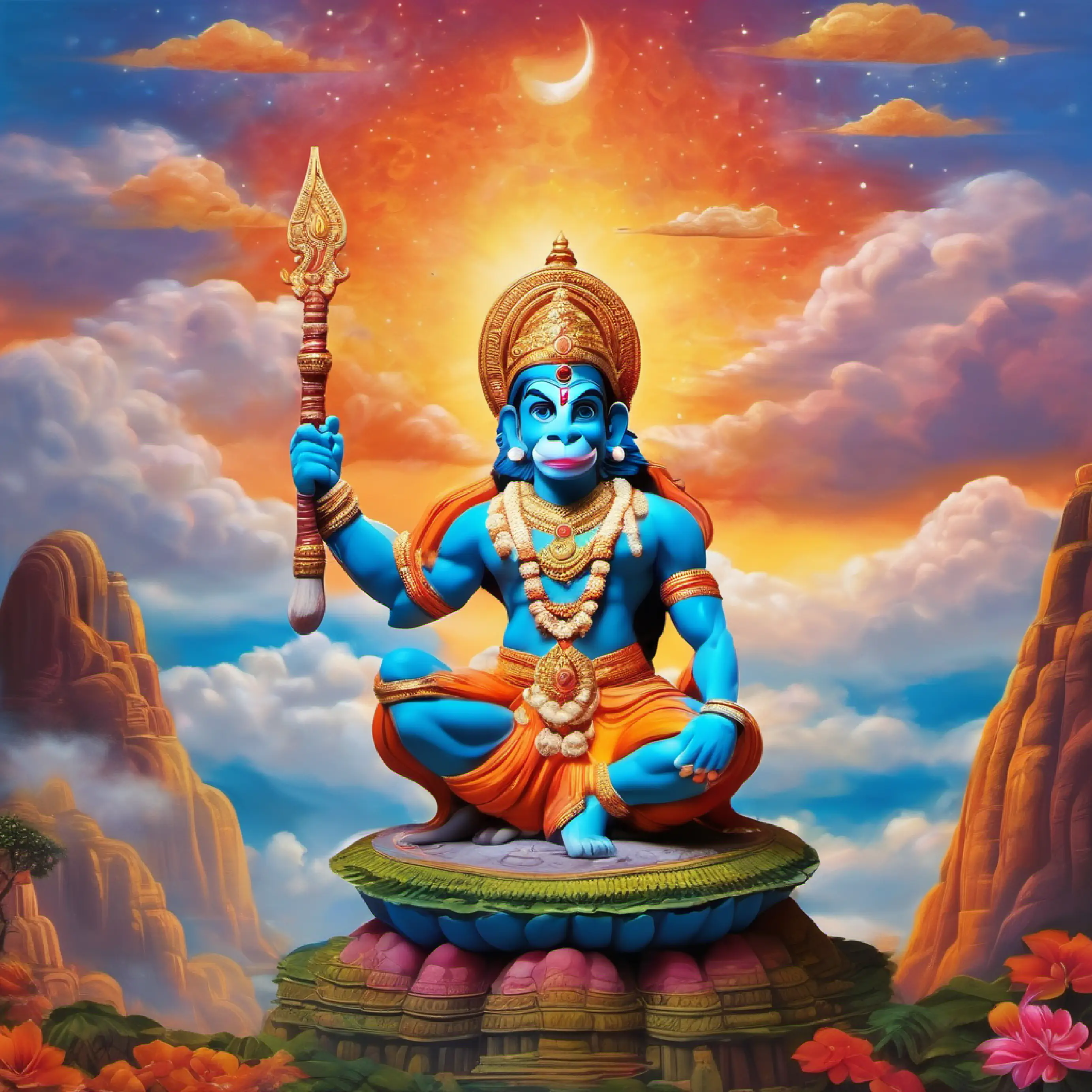 Visualize Hanuman in a majestic stance against a backdrop of a vibrant, celestial landscape. The background could include ethereal clouds, subtle hints of divine energy, and perhaps an image of Lord Rama and Sita in the heavens, signifying Hanuman's undying loyalty. Let the colors blend harmoniously, creating an atmosphere that resonates with the spiritual strength and valor embodied by Hanuman. The scene should capture the essence of his divine connection and the monumental moments from the Ramayana.