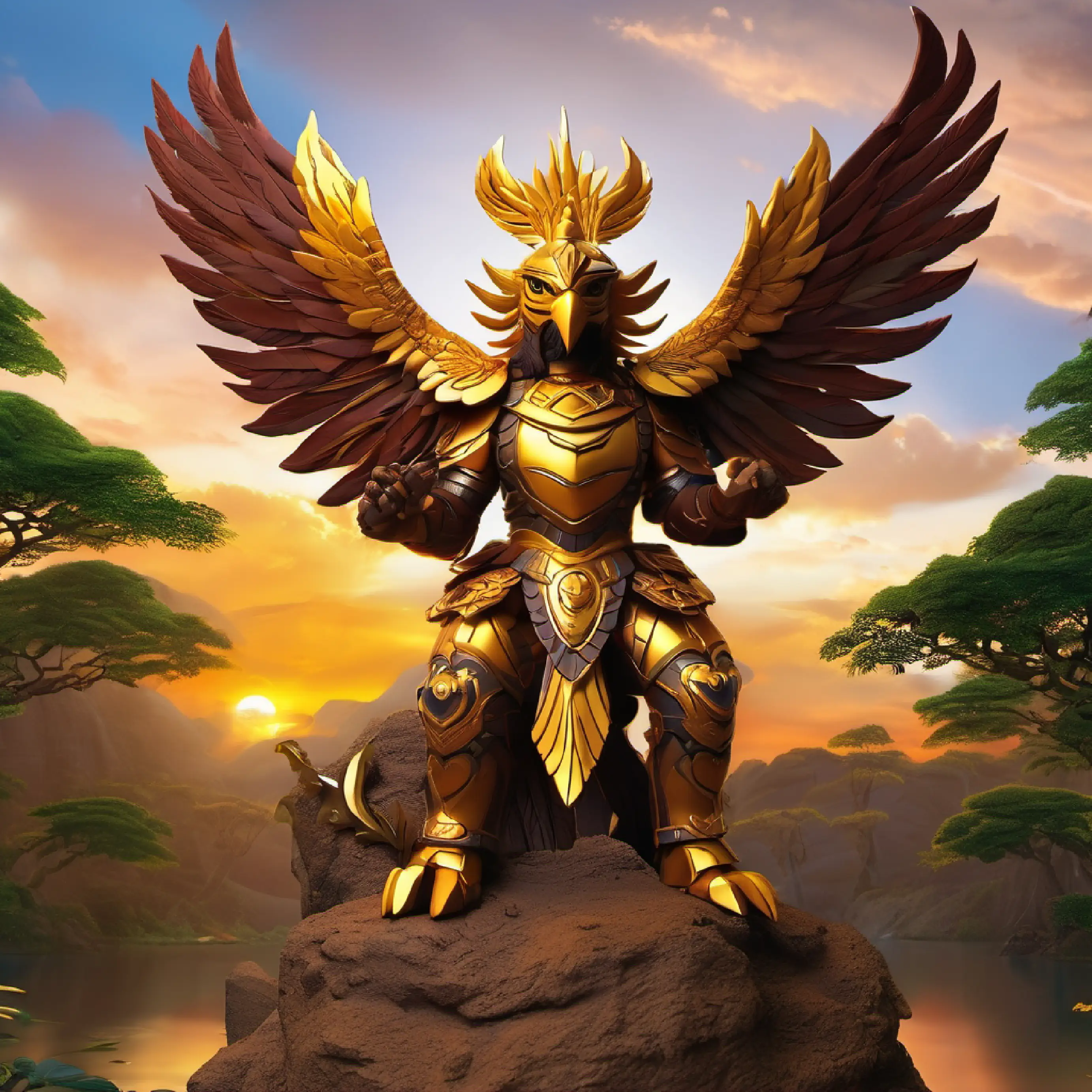 "Picture Garuda, fierce and resolute, his golden armor reflecting the fiery hues of the setting sun. His helmet, shaped like an eagle's head with eyes aglow, strikes fear into the hearts of his enemies. In the dense jungles of the mythical Naga realm, he engages in a titanic battle against the serpent kings, 