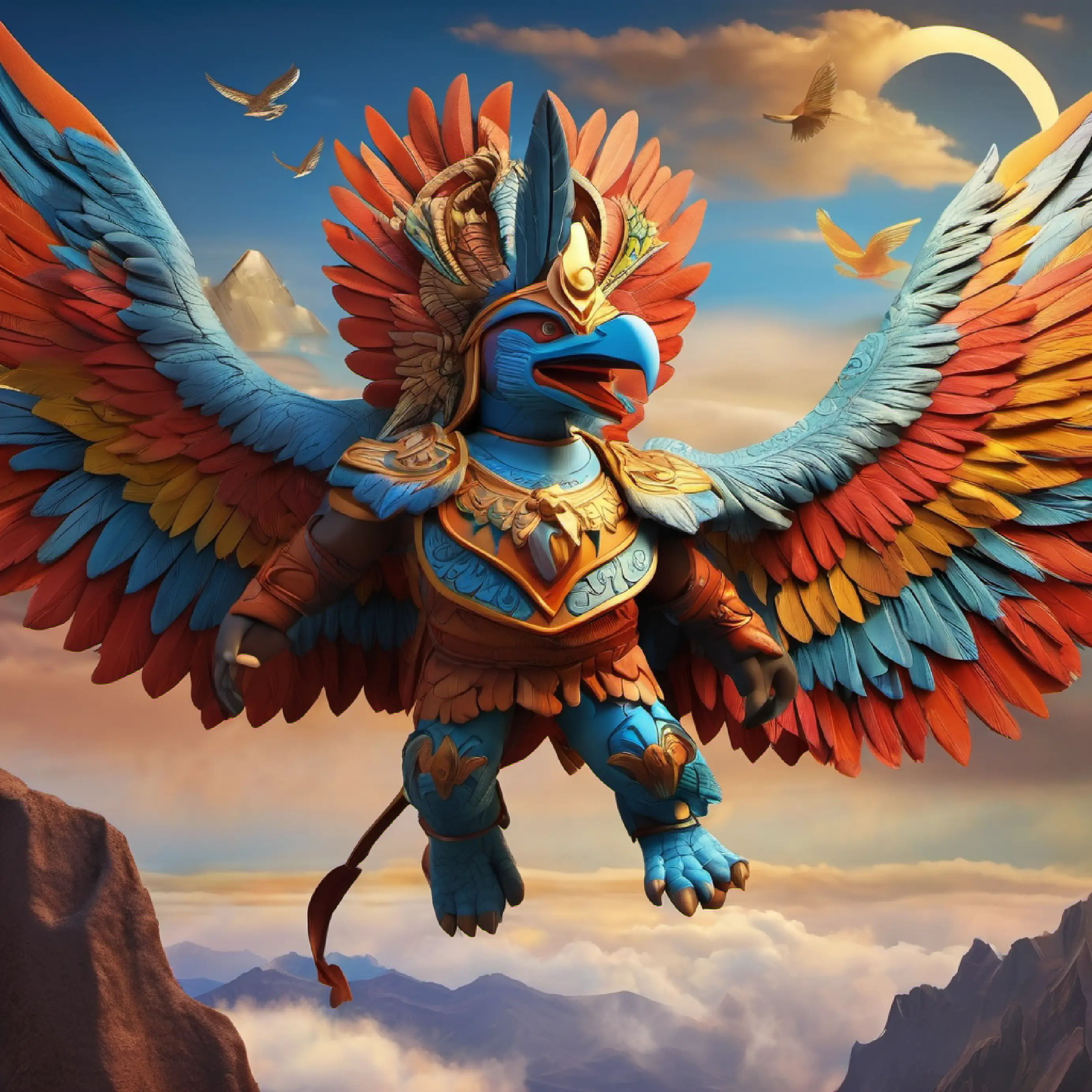 Imagine Garuda, the embodiment of determination, soaring across the heavens on a quest to obtain the elixir of immortality, Amrita, for the freedom of his mother. His wings, vast and powerful, create storms and part the clouds, his armor glistening like a beacon of hope. His helmet, adorned with the feathers of the celestial bird, guides him through obstacles, as the gods and demons alike watch his journey with bated breath."