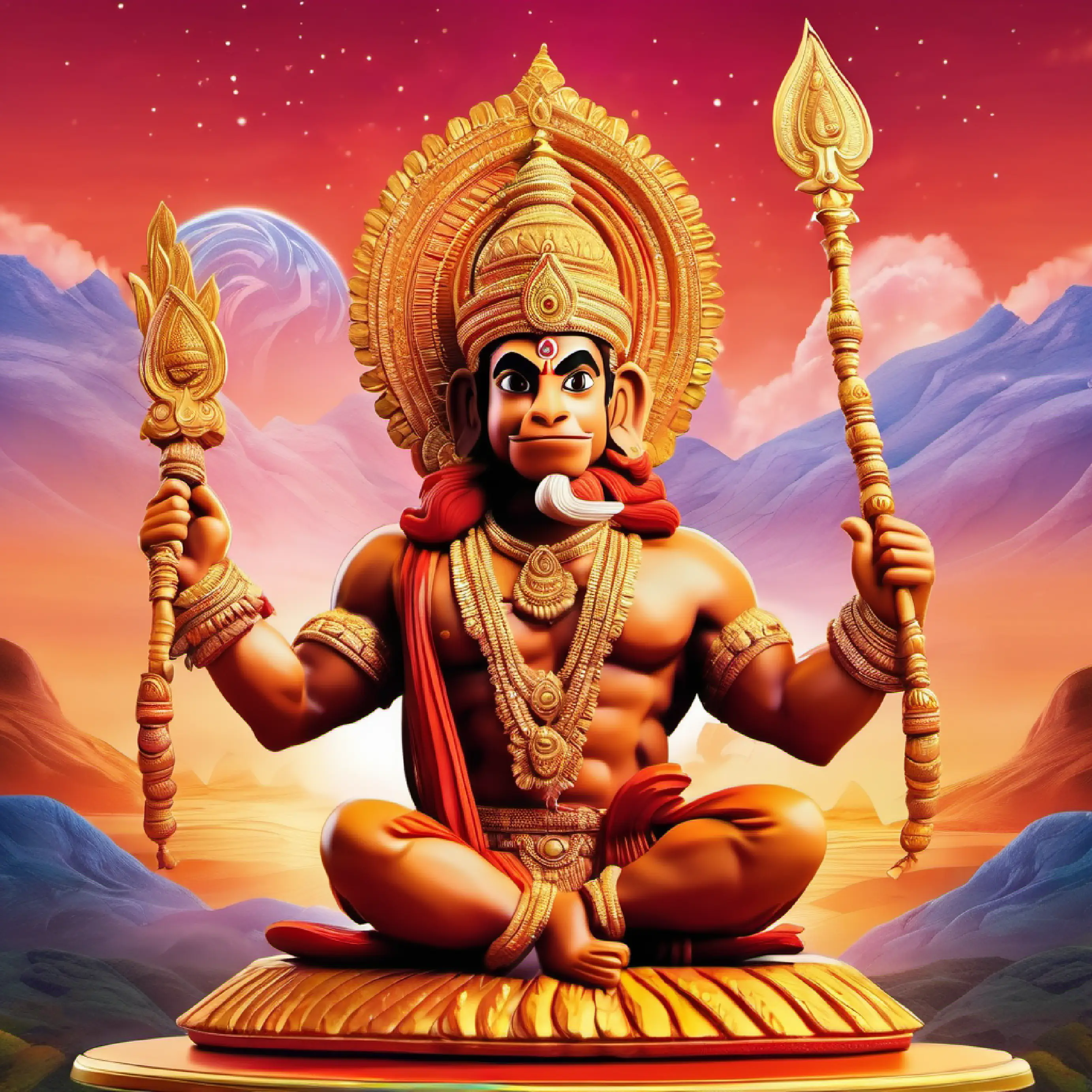 Visualize Hanuman in a majestic stance against a backdrop of a vibrant, celestial landscape. The background could include ethereal clouds, subtle hints of divine energy, and perhaps an image of Lord Rama and Sita in the heavens, signifying Hanuman's undying loyalty. Let the colors blend harmoniously, creating an atmosphere that resonates with the spiritual strength and valor embodied by Hanuman. The scene should capture the essence of his divine connection and the monumental moments from the Ramayana.