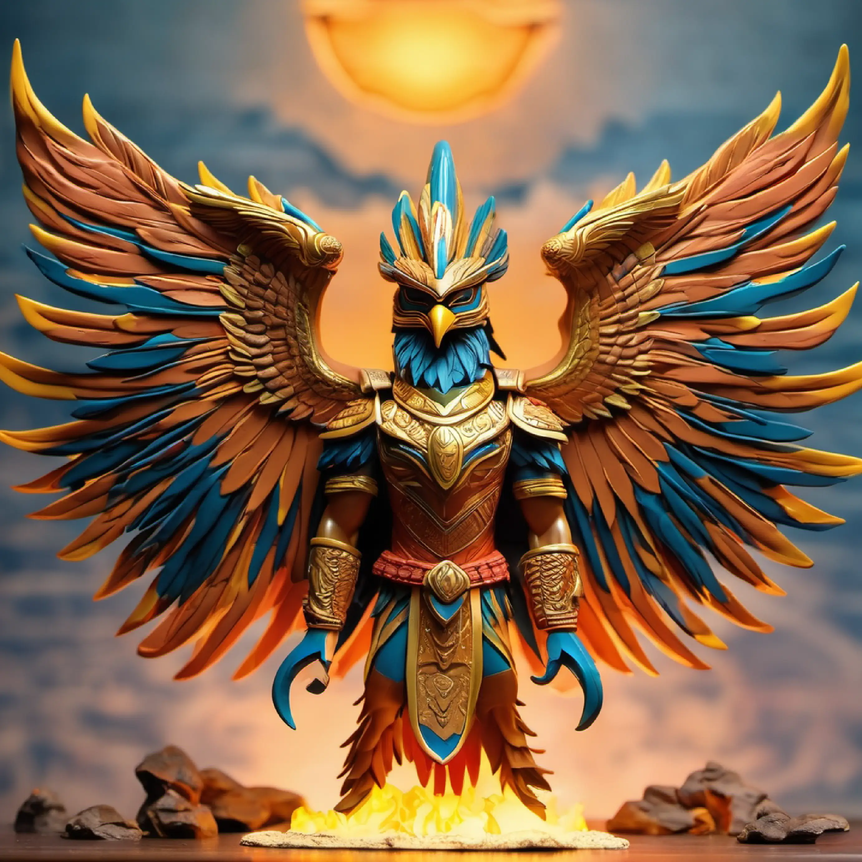 "Picture Garuda, fierce and resolute, his golden armor reflecting the fiery hues of the setting sun. His helmet, shaped like an eagle's head with eyes aglow, strikes fear into the hearts of his enemies. In the dense jungles of the mythical Naga realm, he engages in a titanic battle against the serpent kings, 