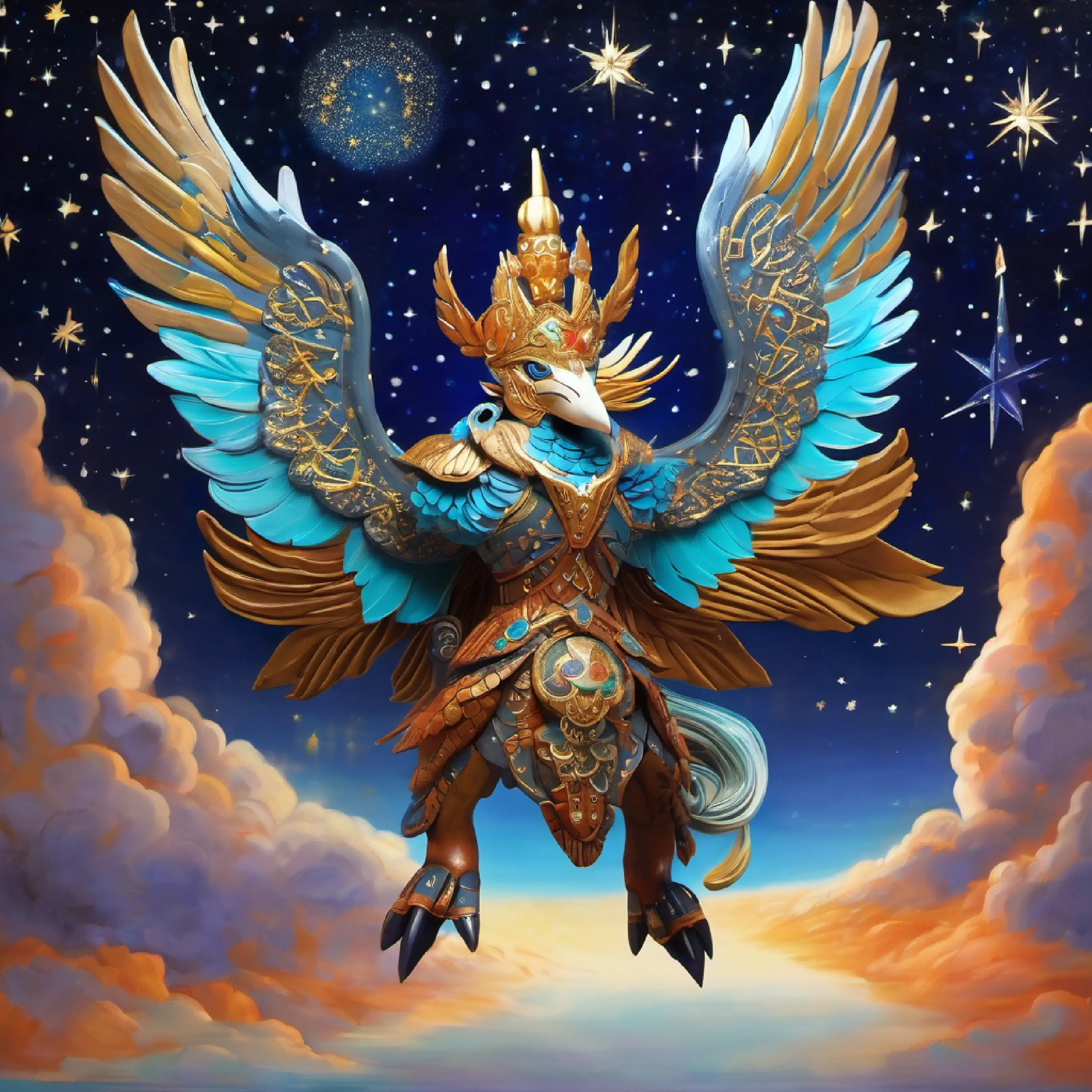 "Conjure an image of Garuda, the celestial navigator, ascending beyond the mortal realms, his wings bathed in the ethereal glow of the Milky Way. Clad in celestial armor that mirrors the night sky, studded with stars, his helmet a crown of cosmic fire, he carries the prayers of the faithful to the heavens. Around him, constellations tell tales of his heroism, as he flies towards the realm of the gods, a bridge between Earth and the divine."