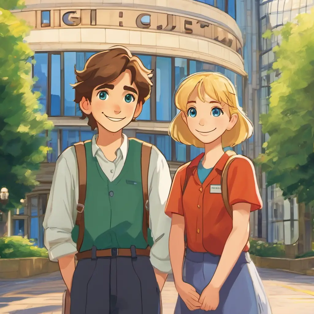 Max has brown hair, blue eyes, and a big smile and Mia has blonde hair, green eyes, and a big smile are standing outside MIT, a big building with lots of windows and a big sign that says 'MIT'. They are smiling and holding hands.