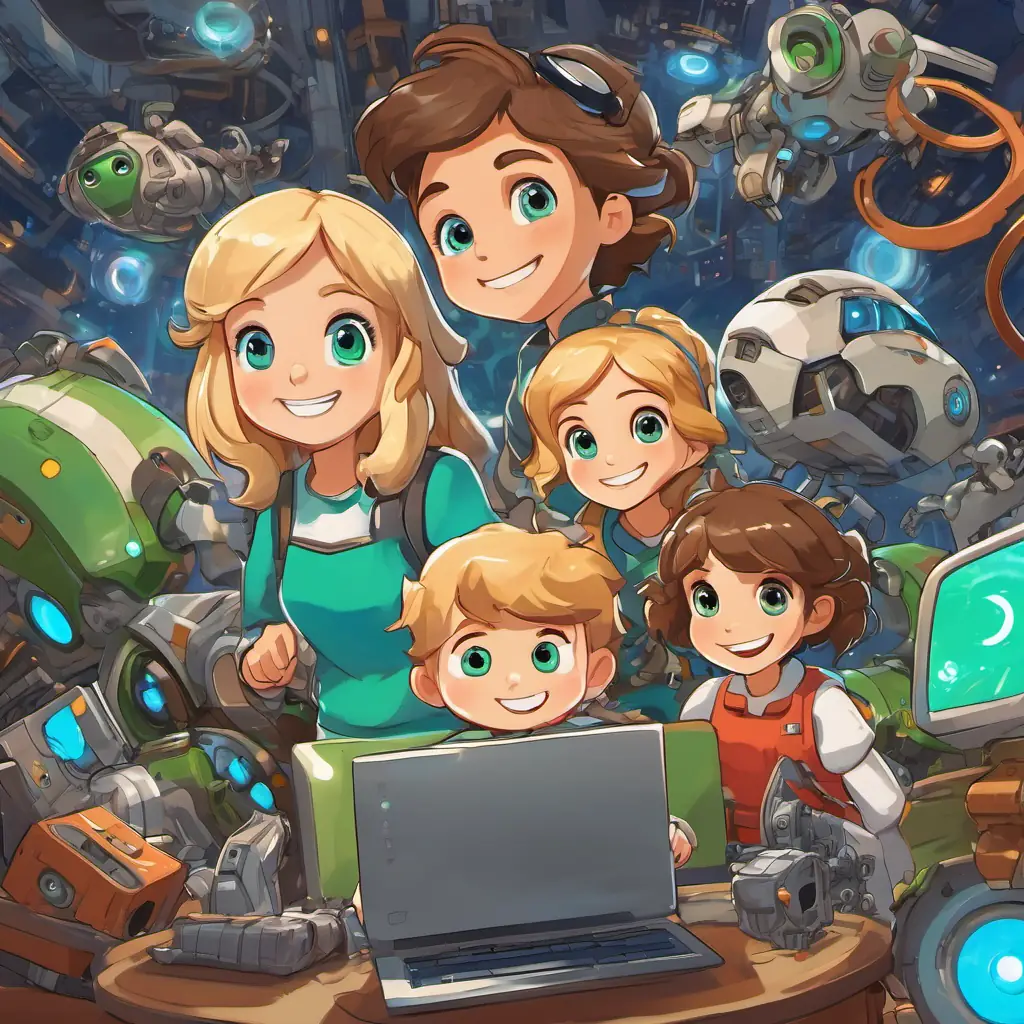 Max has brown hair, blue eyes, and a big smile and Mia has blonde hair, green eyes, and a big smile are inside MIT, surrounded by robots, computers, and a flying machine. They have big eyes and open mouths, showing their excitement.