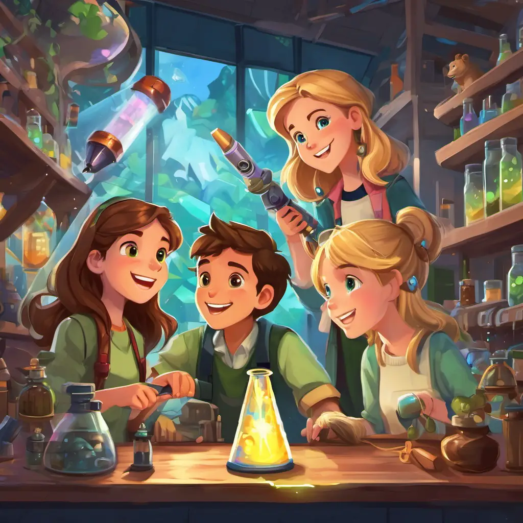 Max has brown hair, blue eyes, and a big smile and Mia has blonde hair, green eyes, and a big smile are with some students at MIT. The students are diverse, with different skin colors and clothes. They are working on a rocket, playing video games, and mixing potions in a lab.