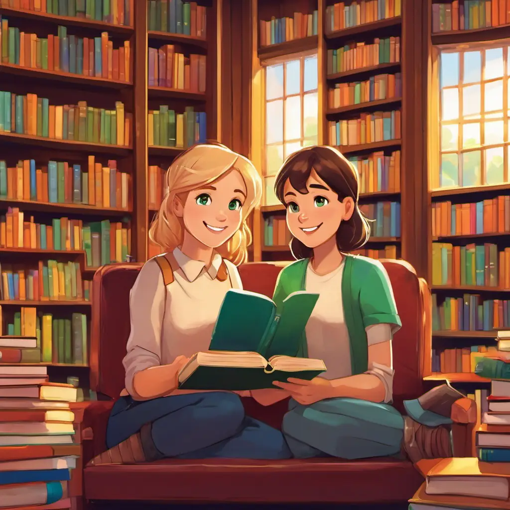Max has brown hair, blue eyes, and a big smile and Mia has blonde hair, green eyes, and a big smile are sitting in a cozy corner of the library at MIT. There are shelves full of colorful books around them. They are holding books and reading with big smiles on their faces.