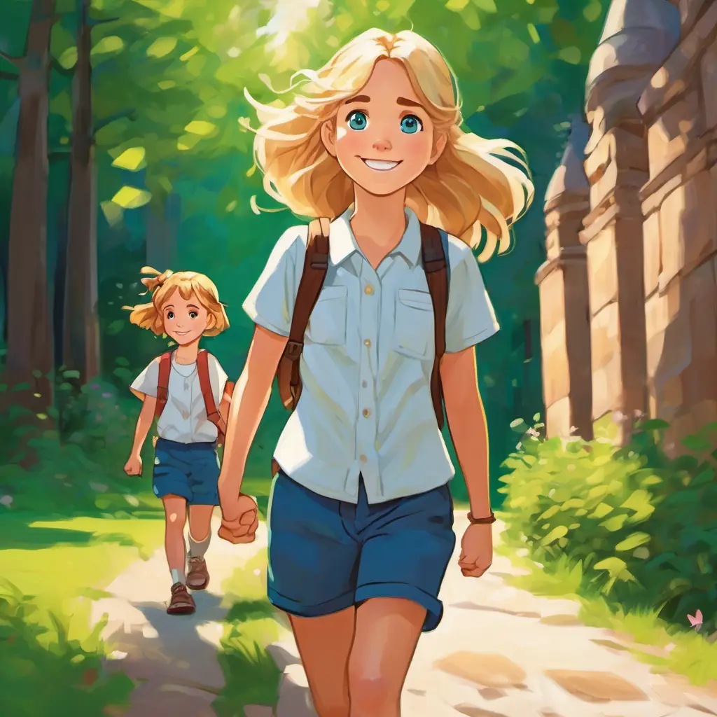 Max has brown hair, blue eyes, and a big smile and Mia has blonde hair, green eyes, and a big smile are walking away from MIT, holding hands and looking determined. They have big smiles on their faces.