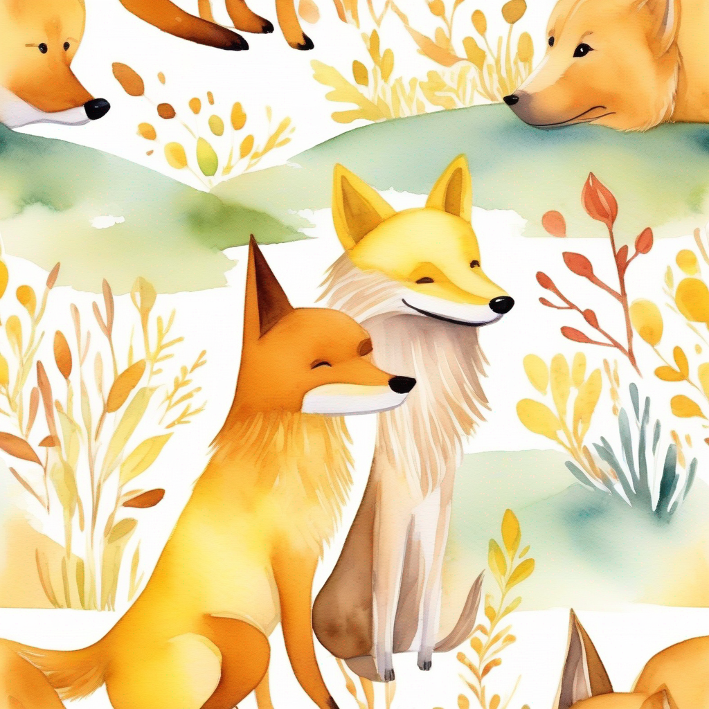 A yellow dog with a wagging tail and A brown fox with a playful grin feeling grateful for their friendship