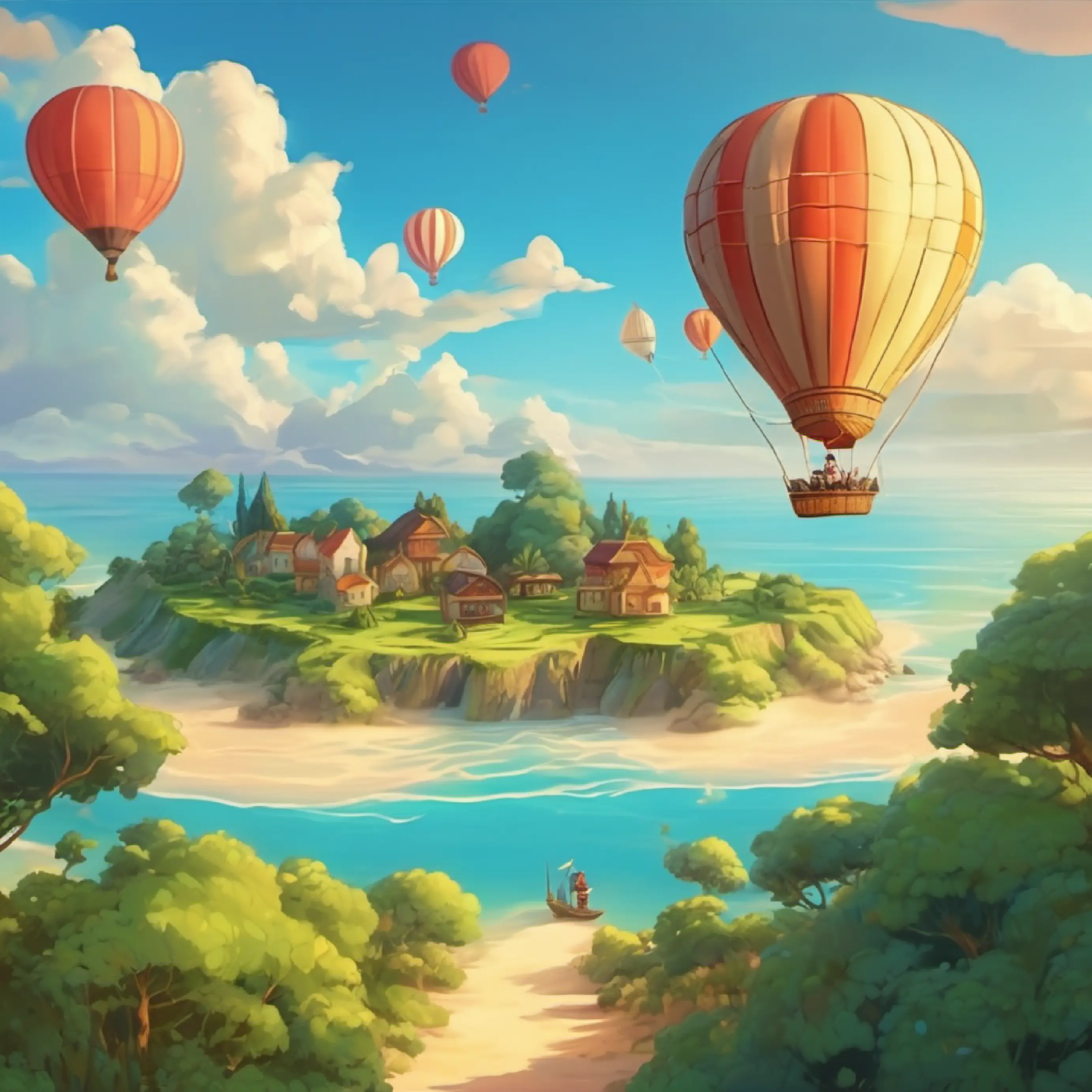 Transition from the ship to a hot air balloon on an island, starting the sky journey.