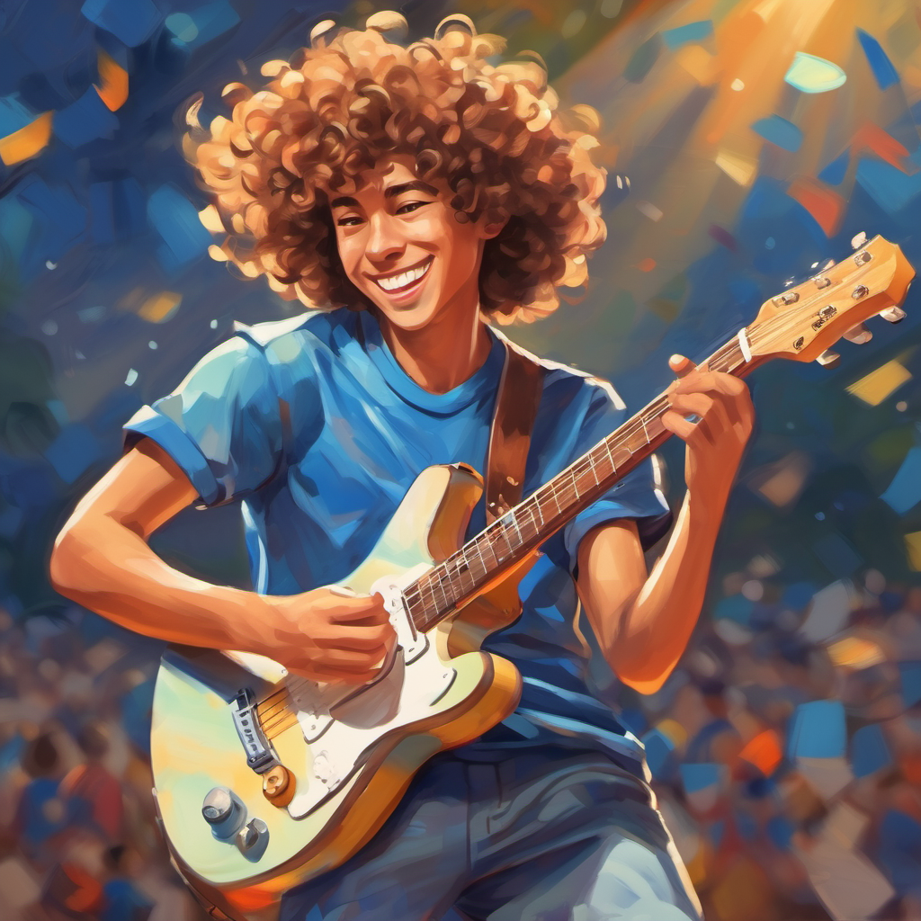 Curly hair, blue shirt, energetic smile, always wearing sneakers painting, playing soccer, and playing the guitar