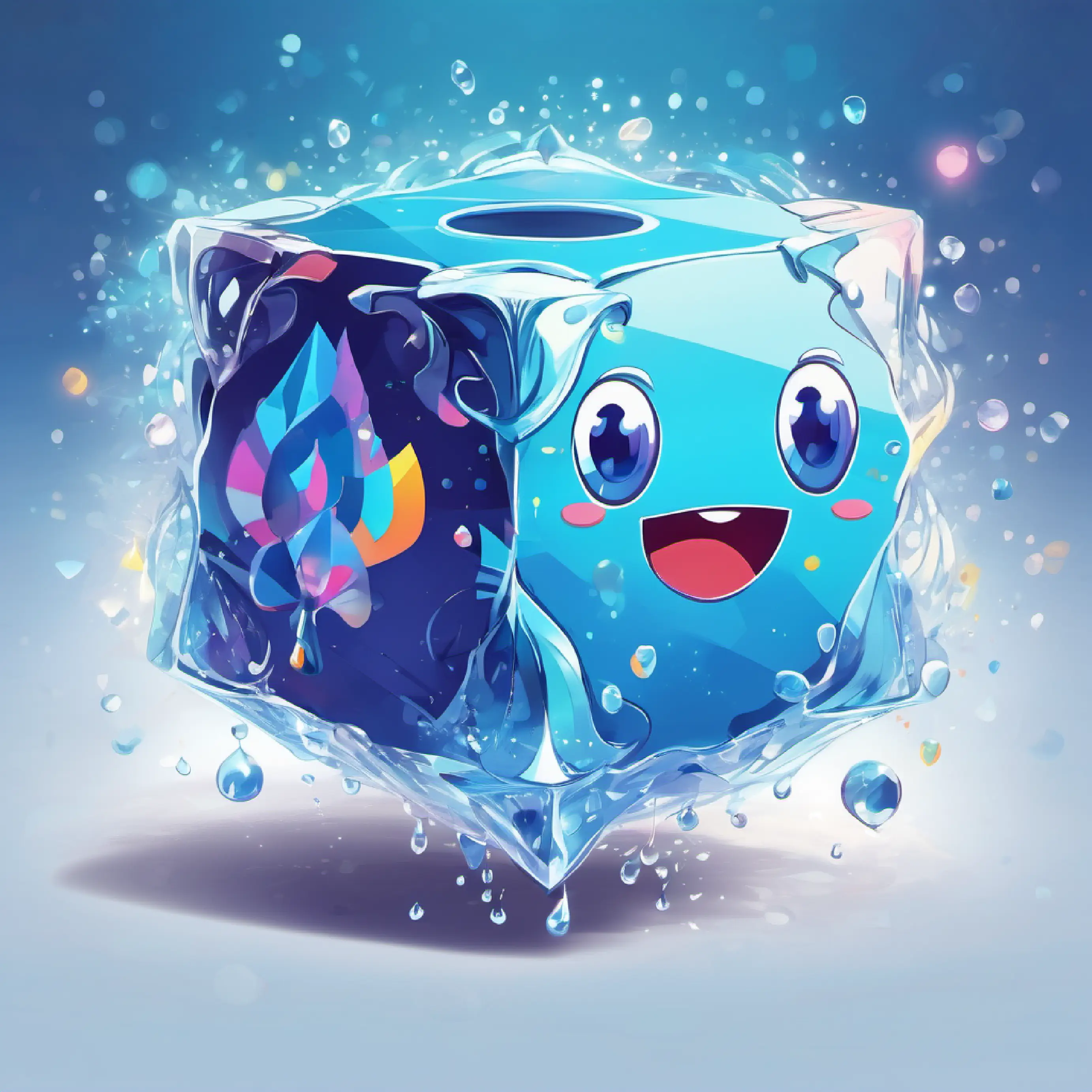 a cube with frosty white hair, chills out with a smile invites a droplet with sparkling blue eyes, cheerful and energetic to play a game.