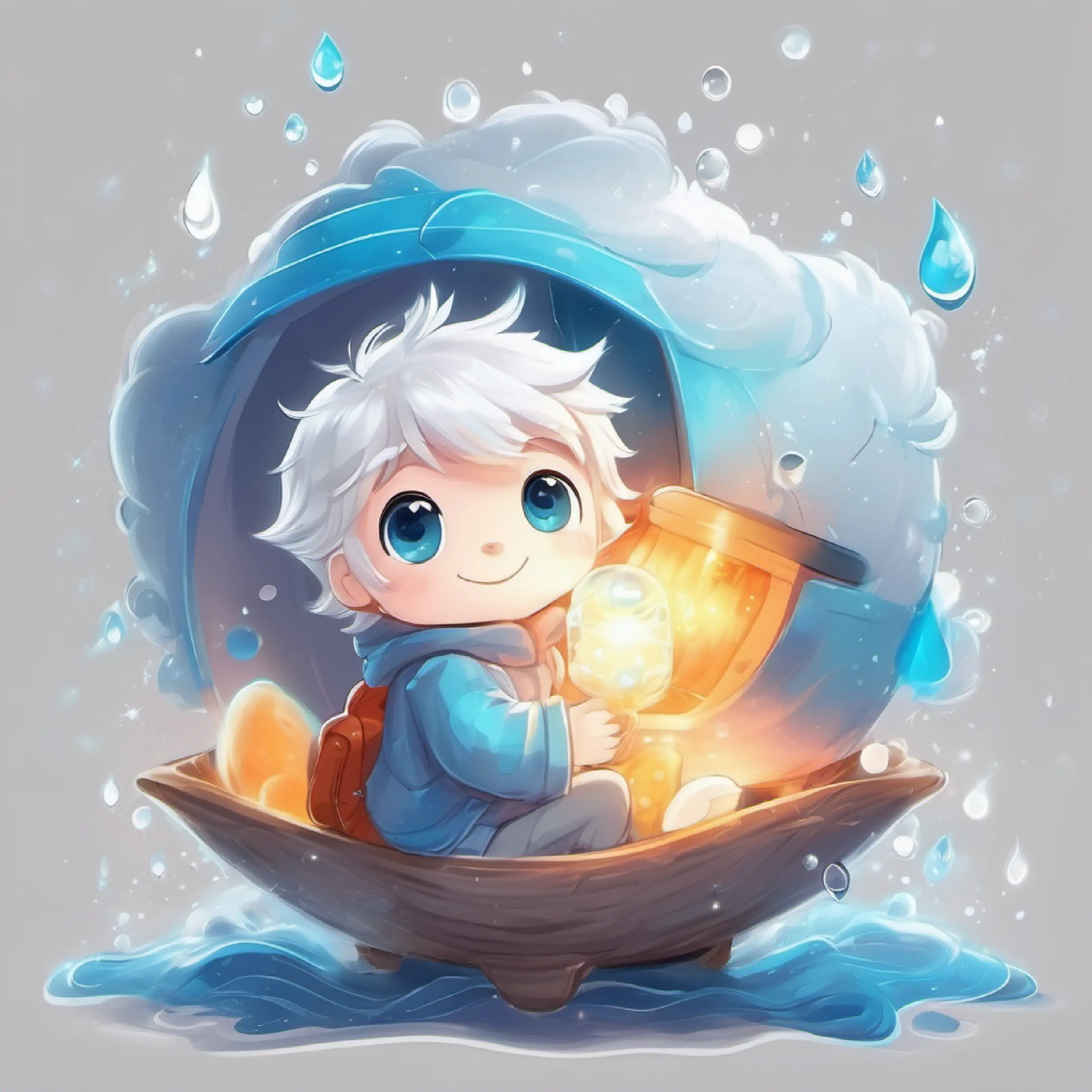 a wisp of steam, light gray, with gentle, caring eyes arrives to join a droplet with sparkling blue eyes, cheerful and energetic and a cube with frosty white hair, chills out with a smile.