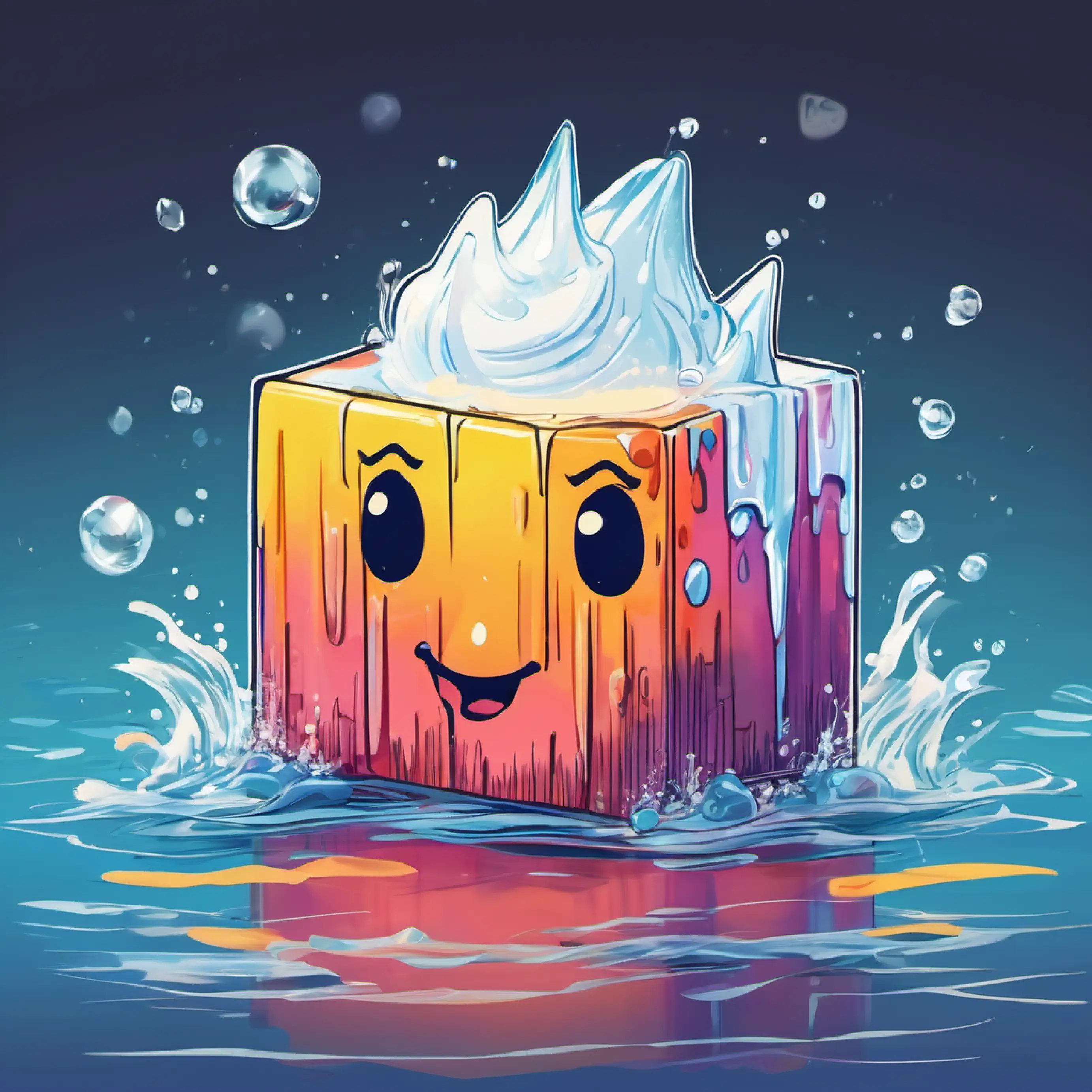 a cube with frosty white hair, chills out with a smile melts into water.