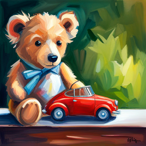 A cute teddy bear with brown fur and a small toy car playing together